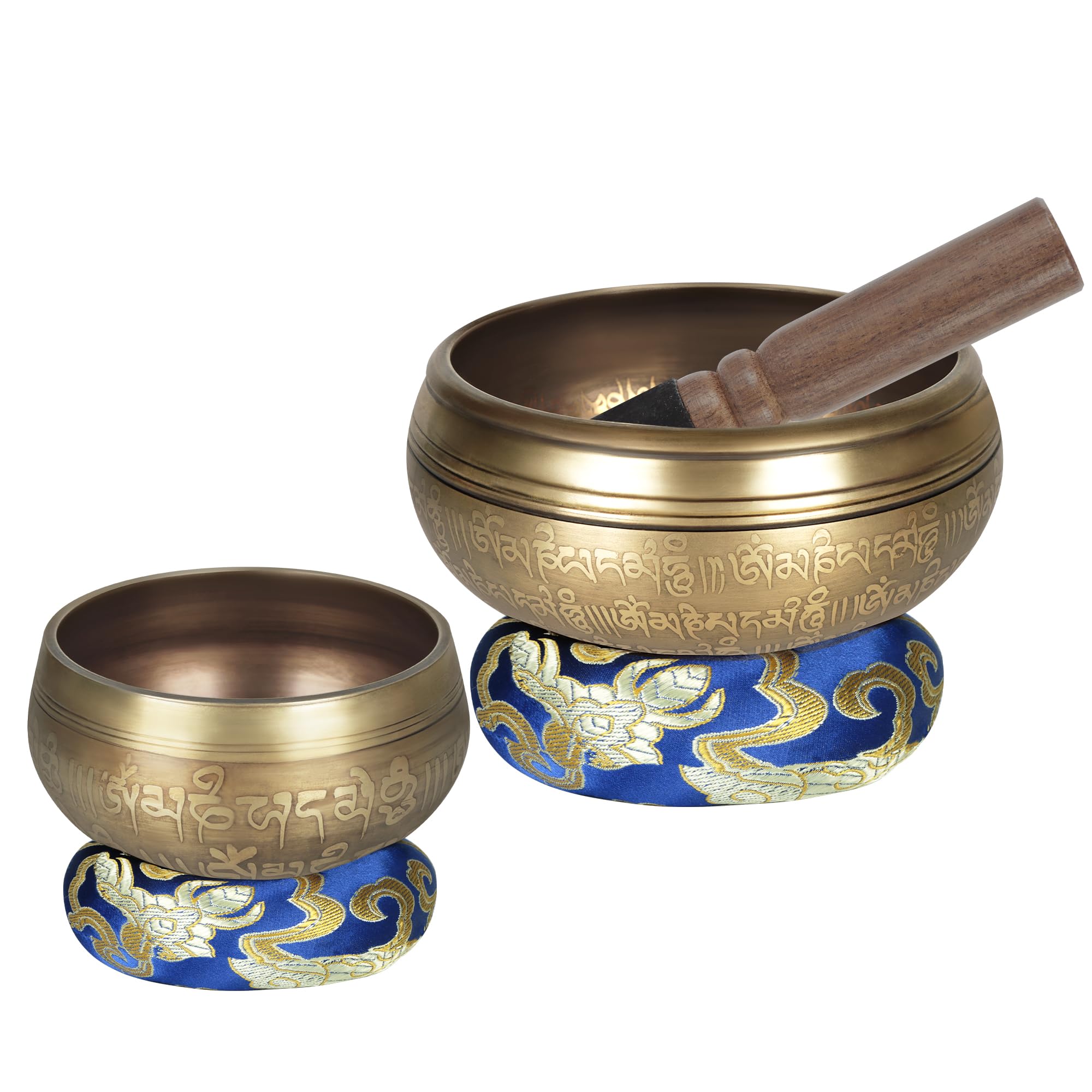 Tibetan Singing Bowl Set,11 cm and 8 cm 2pcs Mallets and Yellow Ring Cushion Hand Hammered in Nepal Singing Bowl for Meditation, Yoga