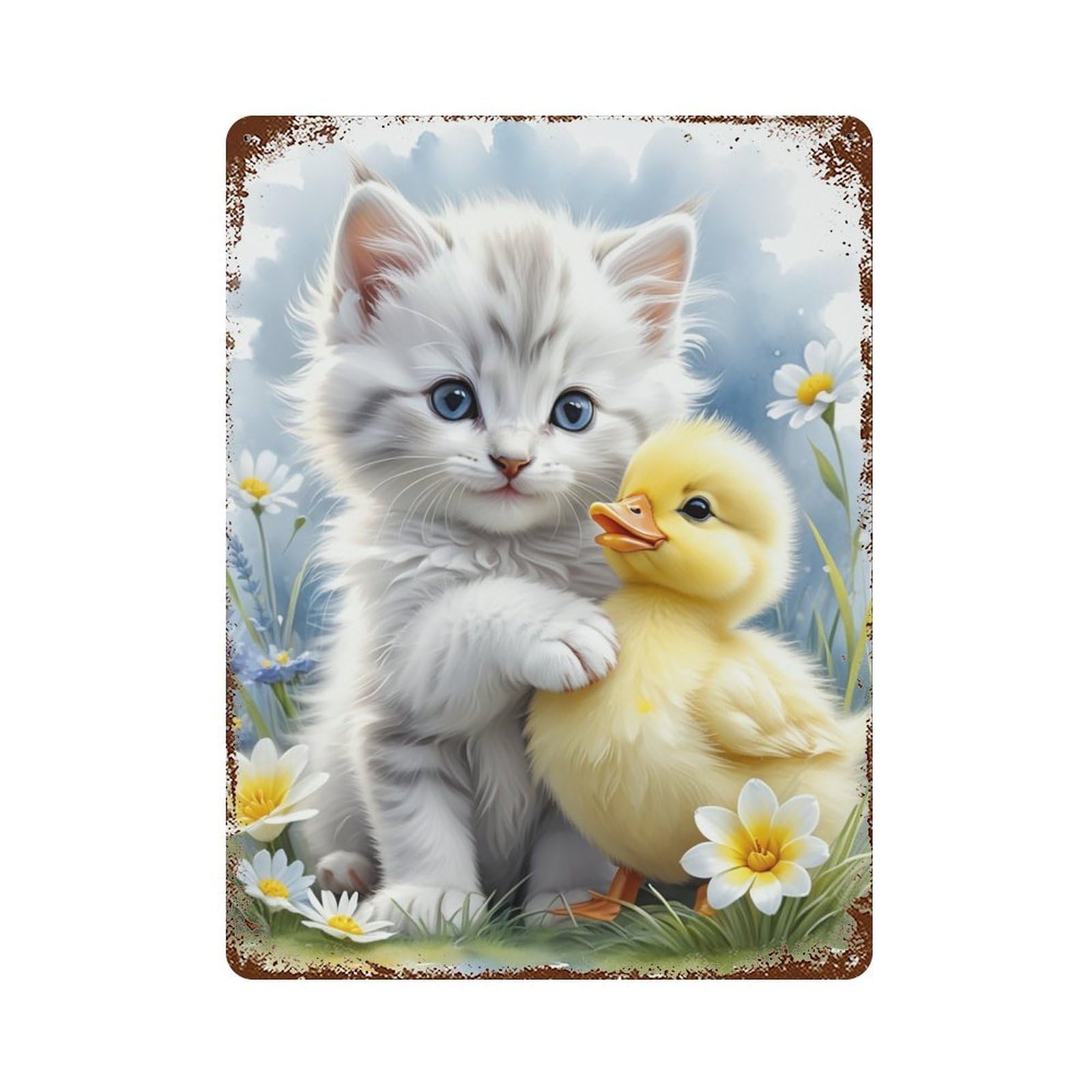 Vintage Rust Metal Sign with Kitten And Duckling Friendship Design 15.7"x11.8", for Office, Studio And Wall Decor, Farmhouse Wall Decor