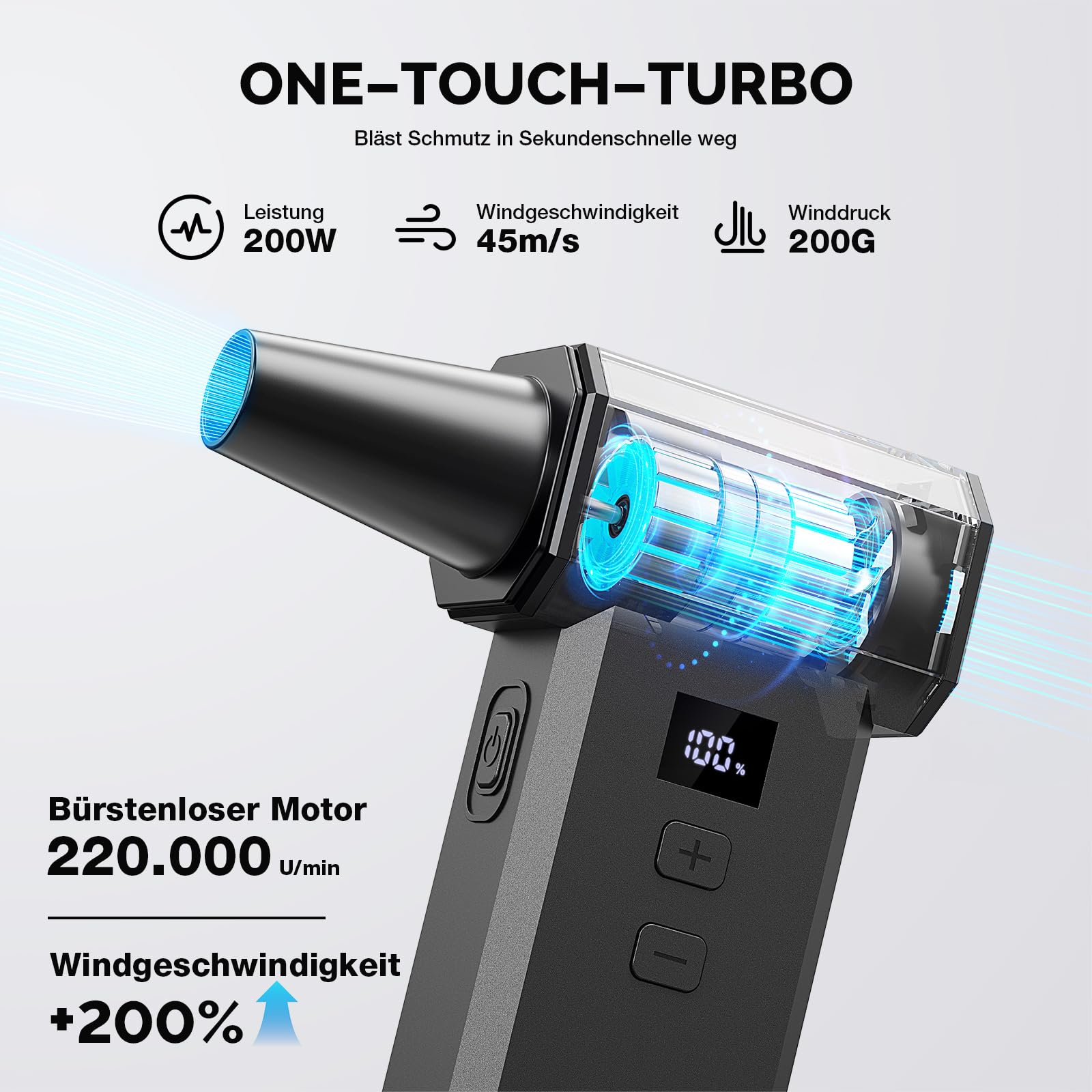 Elektrischer Staubgebläse, 100-Gang 220.000 U/min bürstenloser Motor mit LED-Display, Compressed Air Duster mit Druckluftspray PC Reinigungsset Staubgebläse für Computer, Tastatur, Outdoor