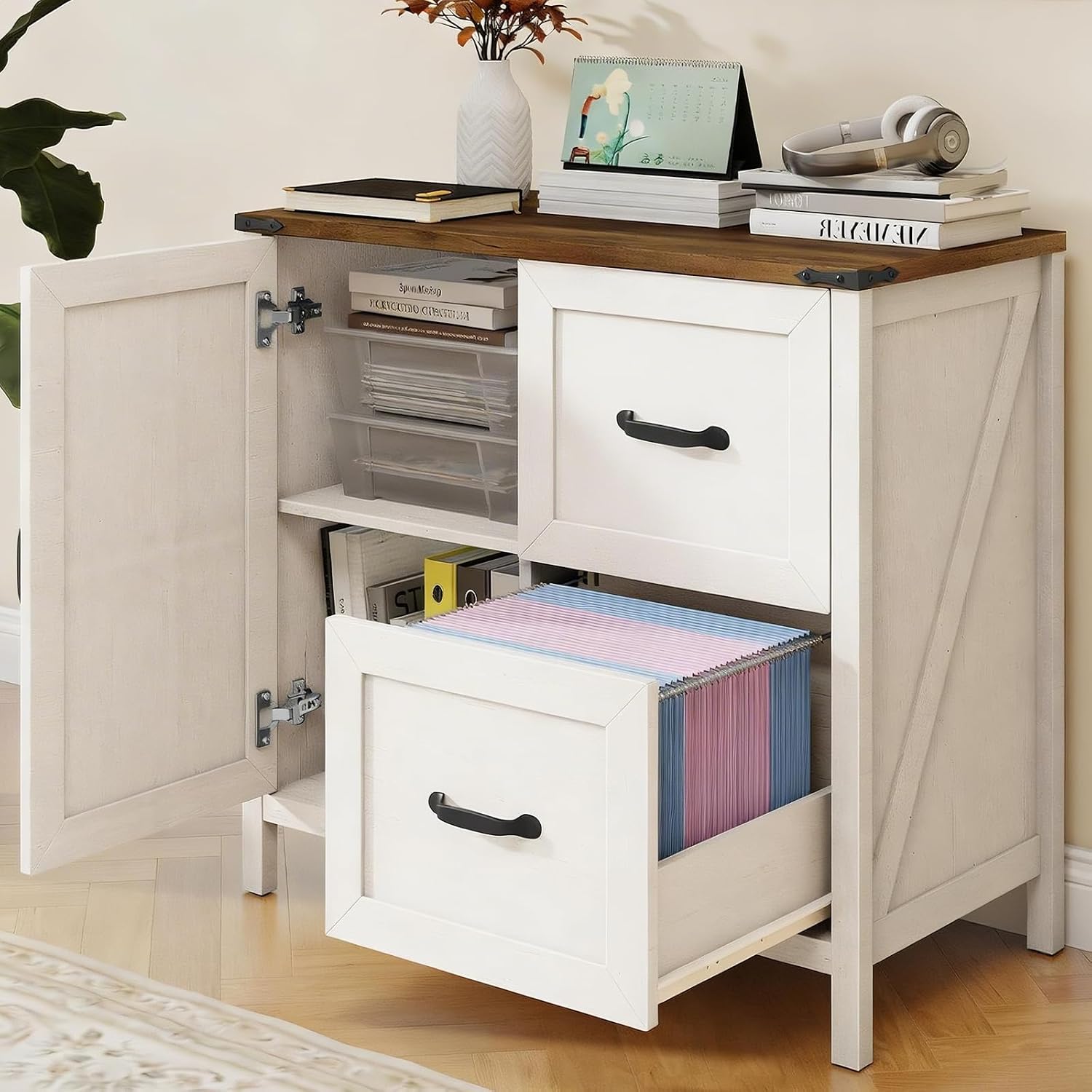 Halitaa Lateral File Cabinet with 2 Drawers, Farmhouse File Cabinet for Letter/A4 Size Hanging Files, Large Wood File Storage Cabinets Printer Stand for Home Office Furniture, Rustic White
