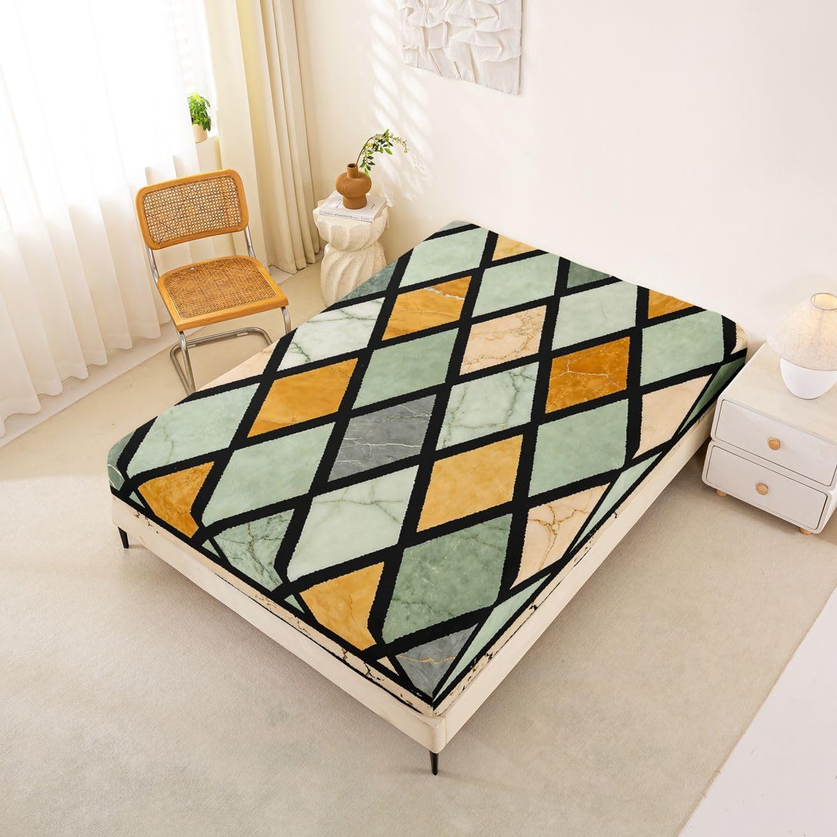 Erosebridal Geometric Tile Full Fitted Sheet Fashion Marble Diamond Bed Sheets Teens Adults Stained Glass Mosaic Lattice Bedding Set Vintage Window Art Sheets