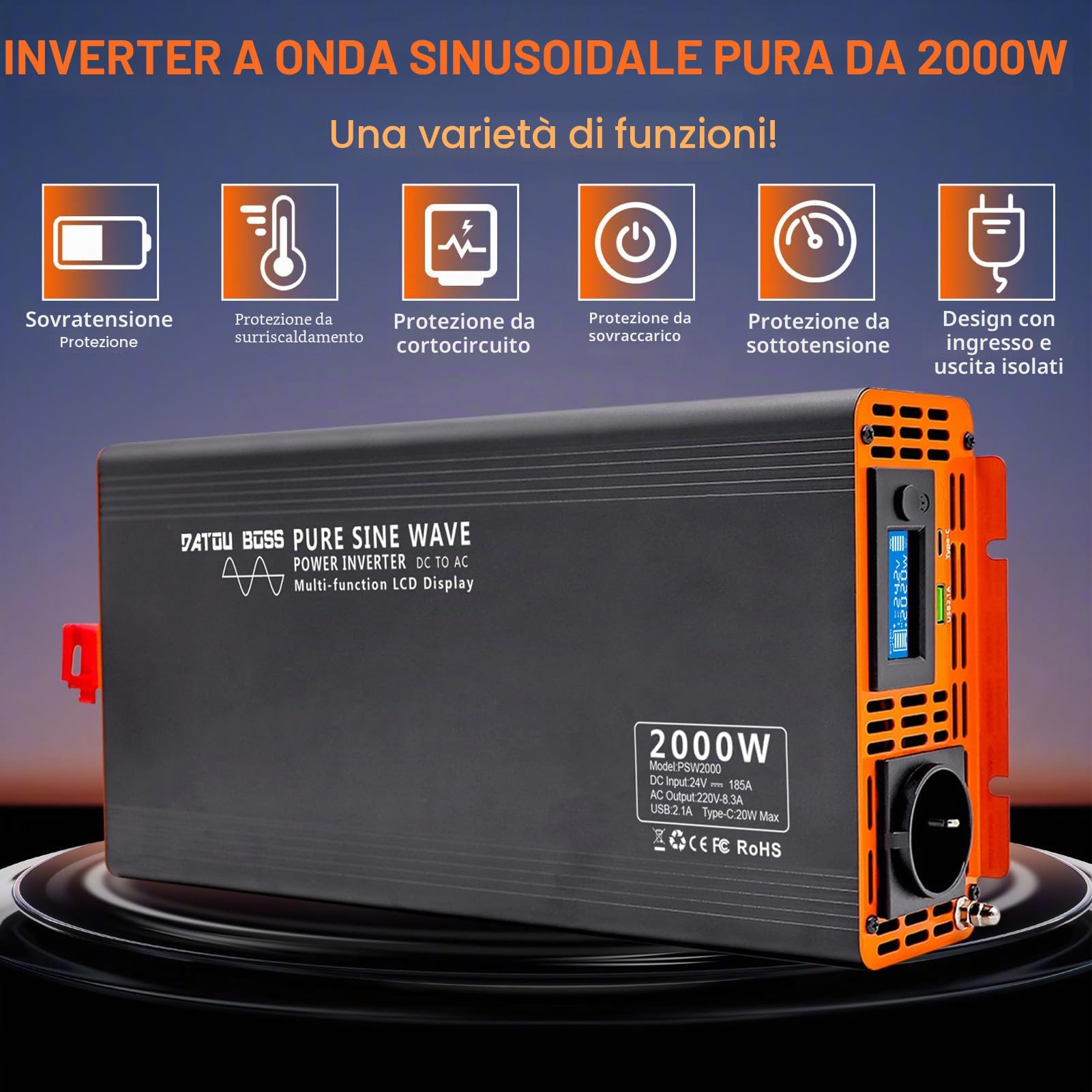 DATOUBOSS Inverter 24v 220v/230v Onda Pura 2000W/4000W, Inverter Onda Pura 2000W, Convertitore 24v 220v 2000w con LCD Display & Type-C e 1 presa AC e 1 Porta USB per Auto,Camion, Camper