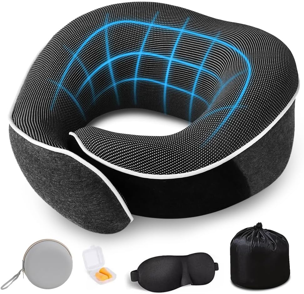 BIZOI Travel Pillow, Travel Pillow, Memory Foam Neck Pillow, with Eye Mask, Ear Plugs and Storage Bag, for Offices, Airplane, Car, Train