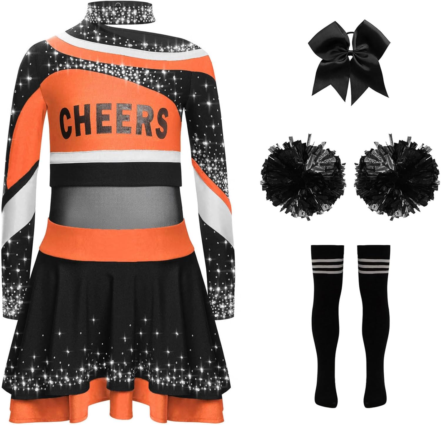 JEYPINMI Girl's Cheer Print Top Pleated Mini Skirts Cheer Leader Outfits Cheerleading Clothes Set High School Dancewear Orange Black 16 Years