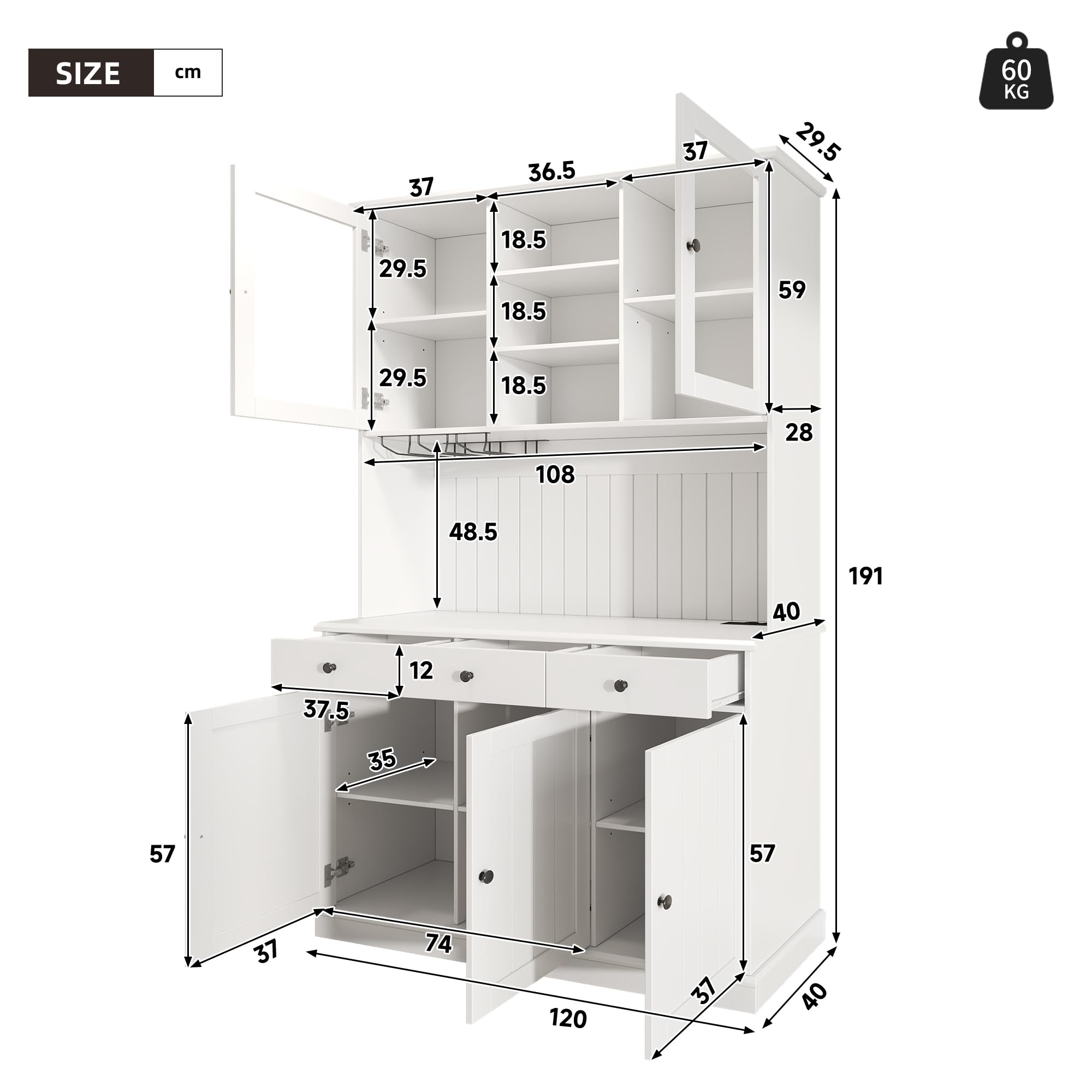 Küchenschrank mit USB Buchse für Wohnzimmer, Hochschränk mit Schubladen & Türen, Vorratsschrank mit Verstellbaren Regal & Weinregal, Buffetschrank für Esszimmer, 191x120x40 cm (Weiß)