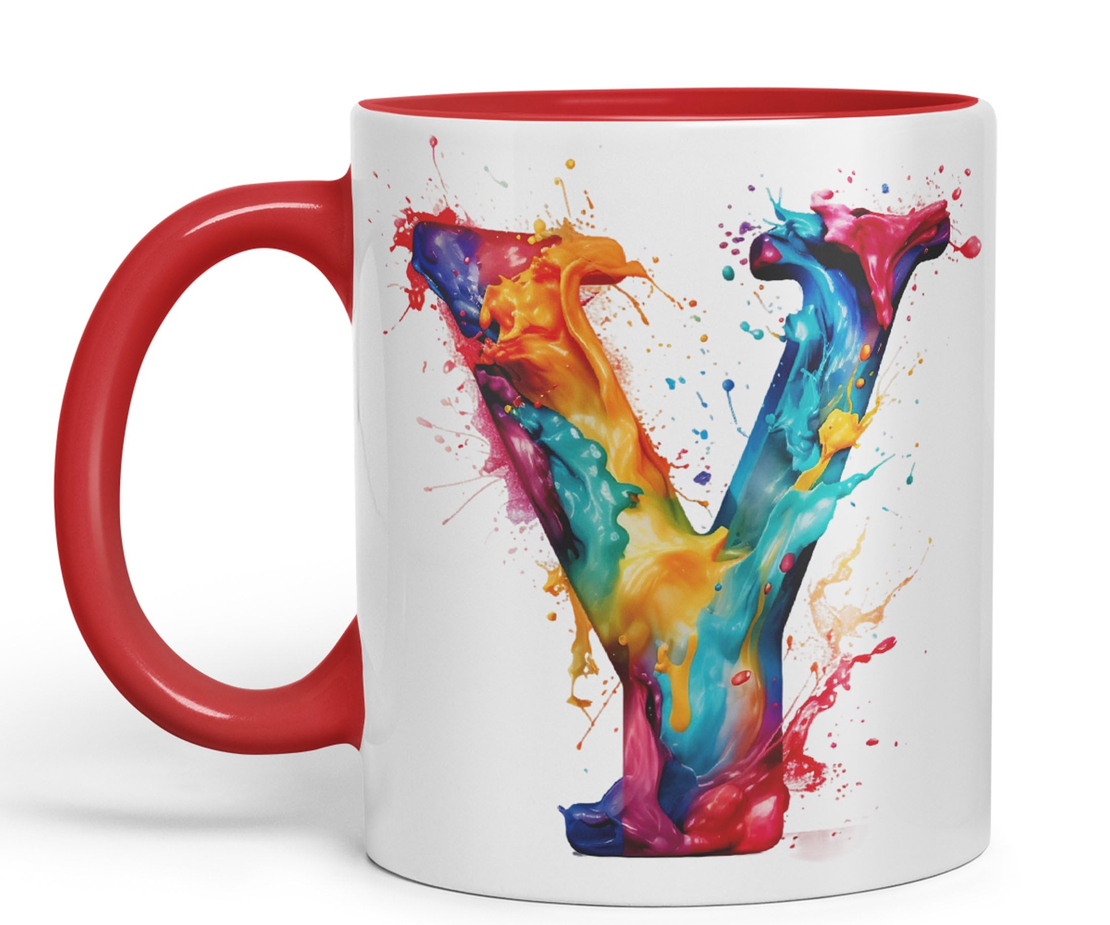 Vixar Letter Y Mug, Alphabet Letter Y Monogram Watercolour Ceramic Coloured Mug Cup for Tea Coffee Hot Brew 330ml 11Oz Gift (red)