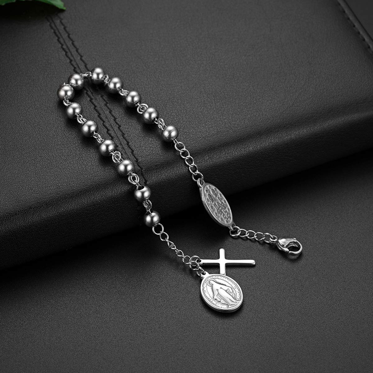 Pulsera de cuentas de rosario de cruz de acero inoxidable vintage con cruz de Jesucristo Crucifijo para hombres y mujeres, Navidad y boda, Acero inoxidable 2