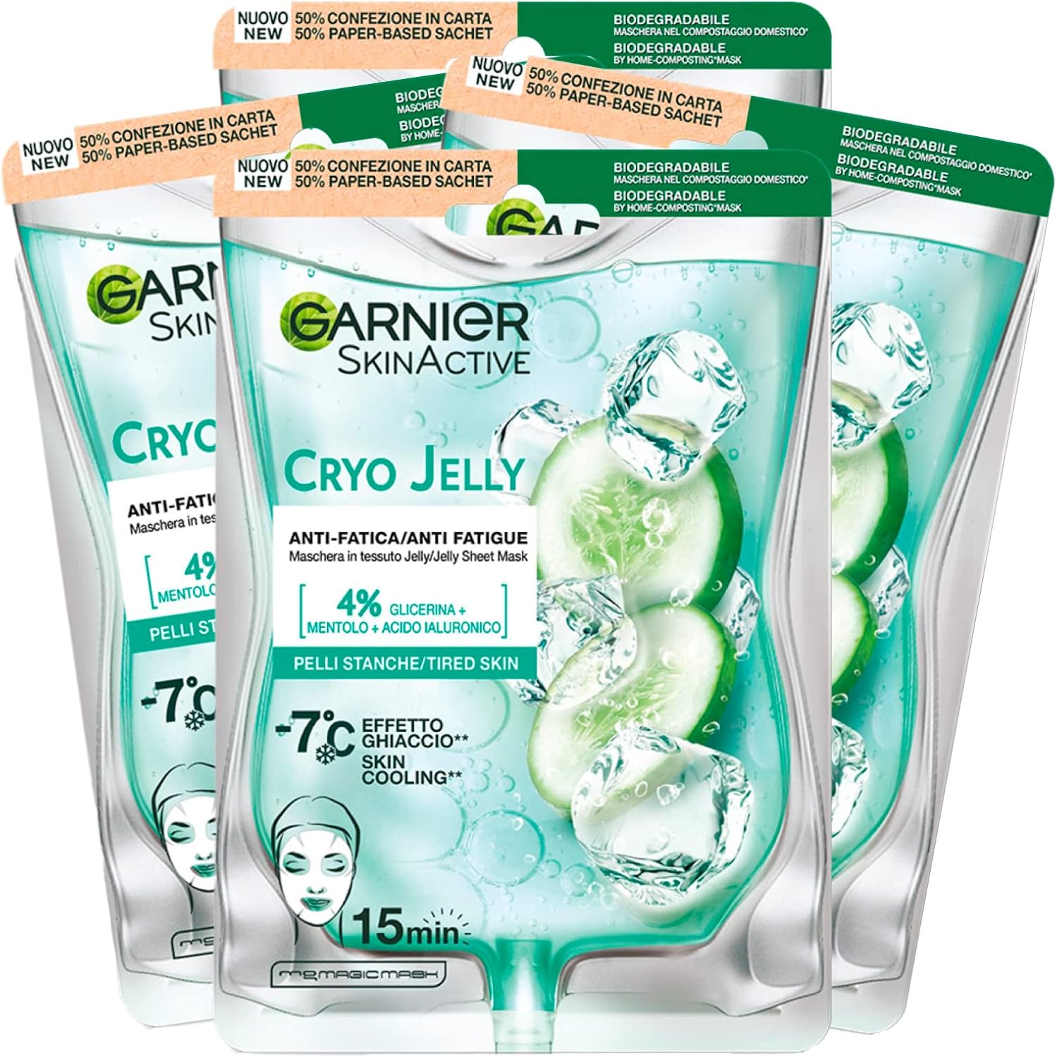 Garnier SkinActive Cryo Jelly Anti-Fatigue Gezichtsmasker met Hyaluronzuur Verstevigende Behandeling voor Vermoeide en Doffe Huid Vegan Formule – 5 Wegwerpmaskers