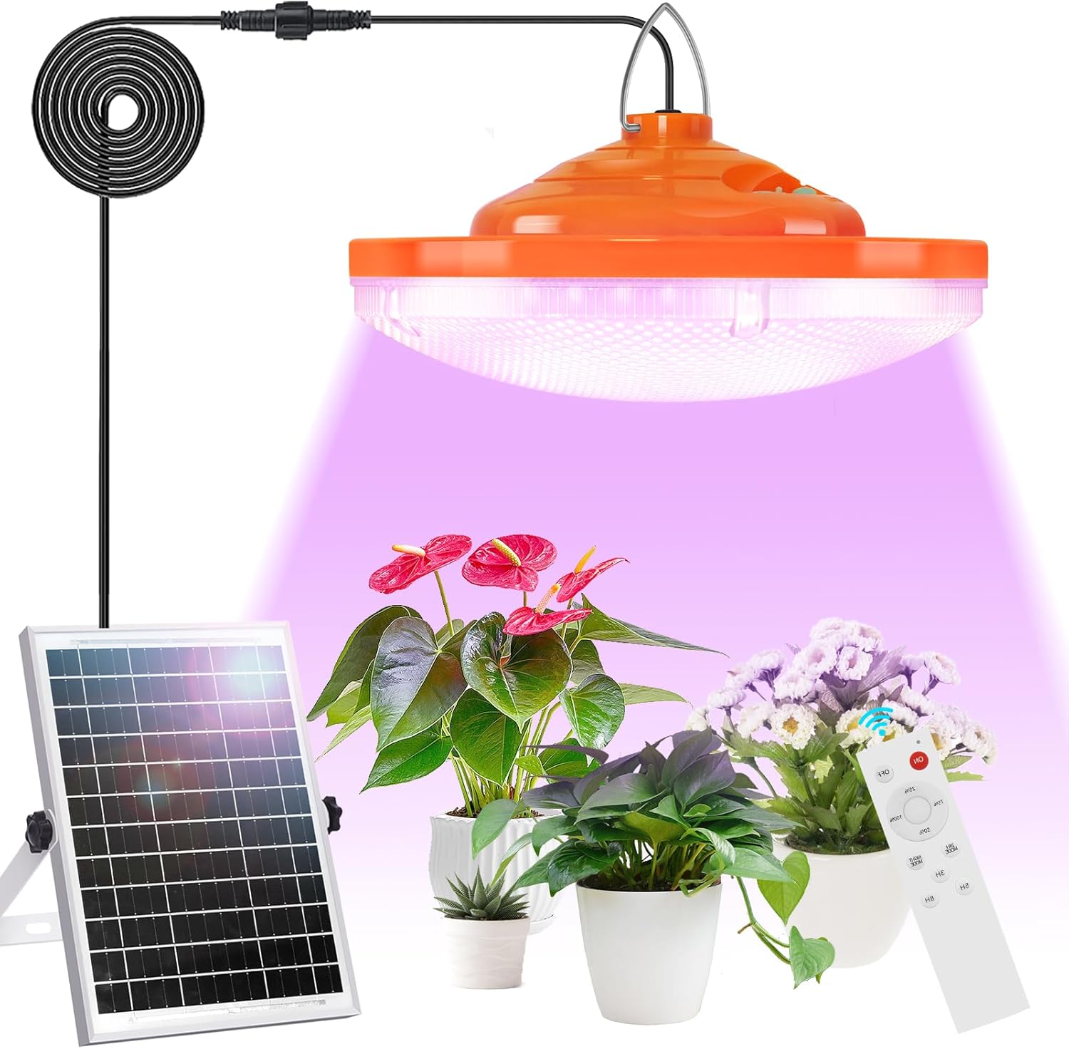 Photo voltaic Plant Develop Gentle Out of doors Indoor Run Day/Evening, 96 LED Full Spectrum Photo voltaic Hanging Plant Gentle with Distant Management,16.4FT Cable/USB Charging/Timer for All Stage Vegetation