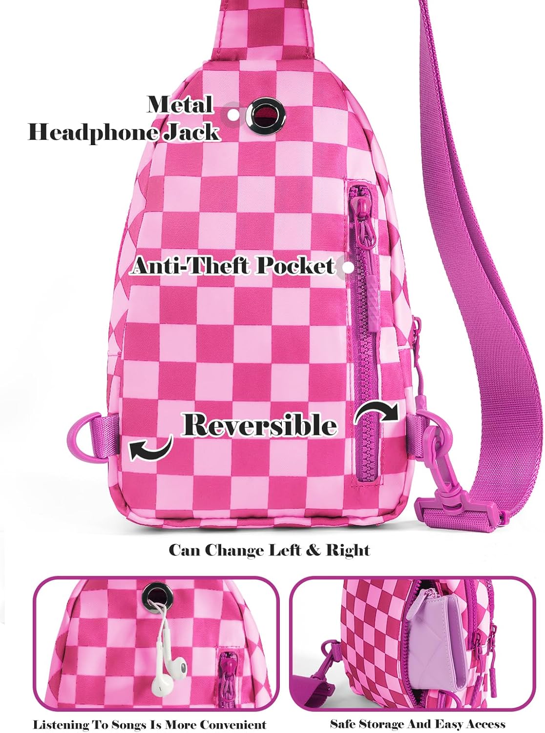 Checkered Sling Bag for Women Small Backpack Crossbody Chest Bag Fanny Packs Purses - Image 5