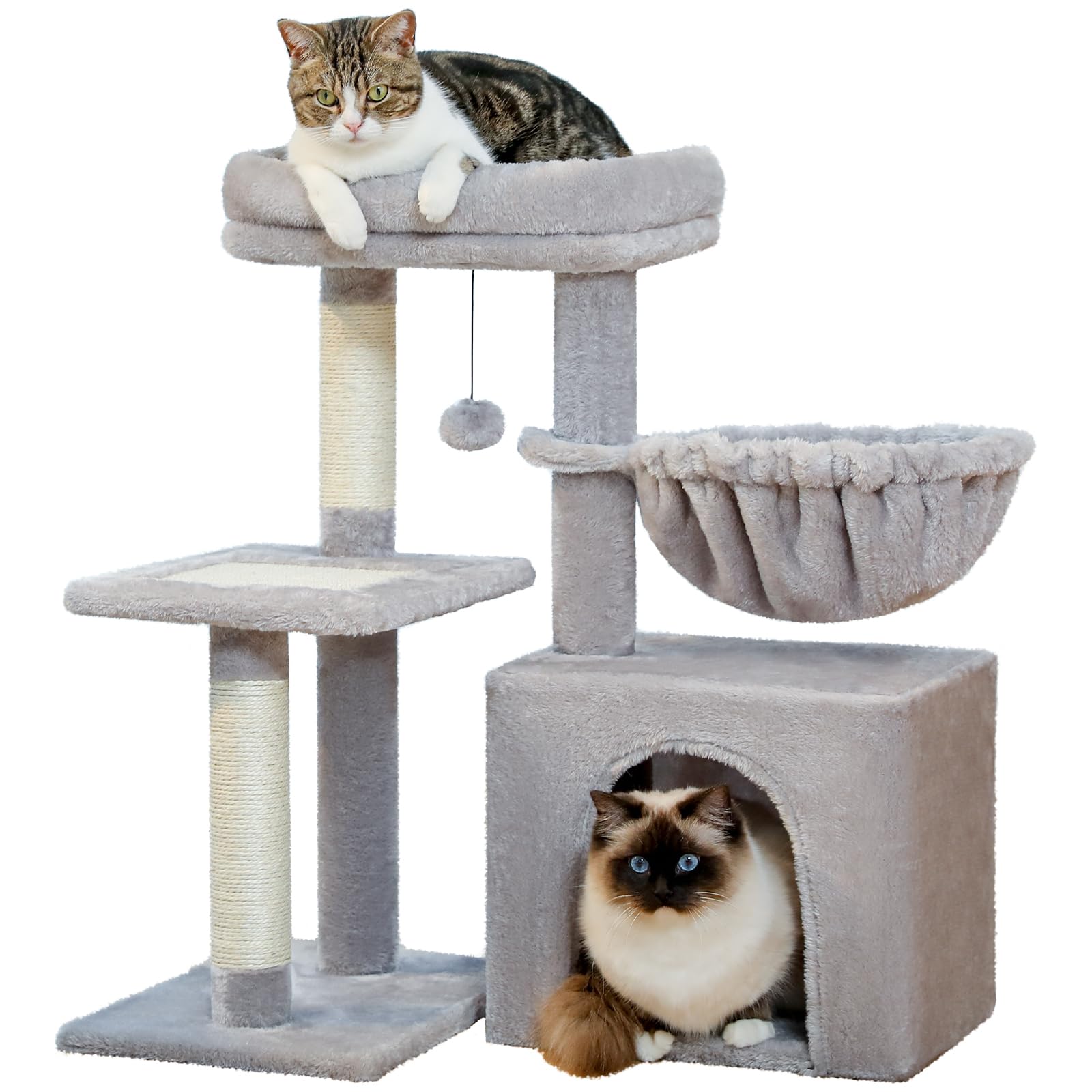 PAWZ Road kleine krabpaal, 73 cm kattentoren voor binnenkatten, activiteitenboom met 2 stijlen, grote hangmat en verwijderbare zitstok, grijs