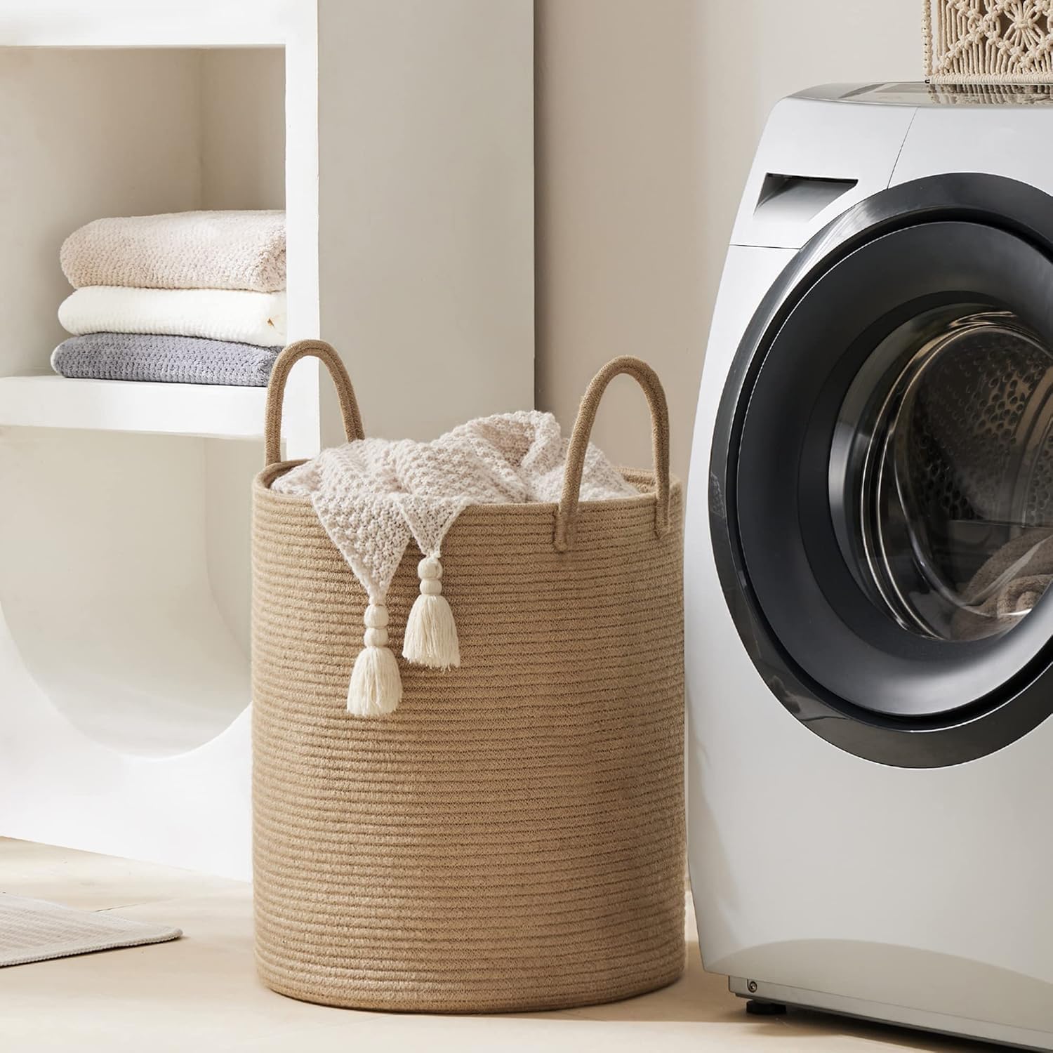 YOUDENOVA Jute Rope Woven Laundry Hamper Basket , 58L Tall Laundry Basket, Baby Nursery Hamper for Blanket Storage, Clothes Hamper for Laundry in Bedroom-Large-Jute