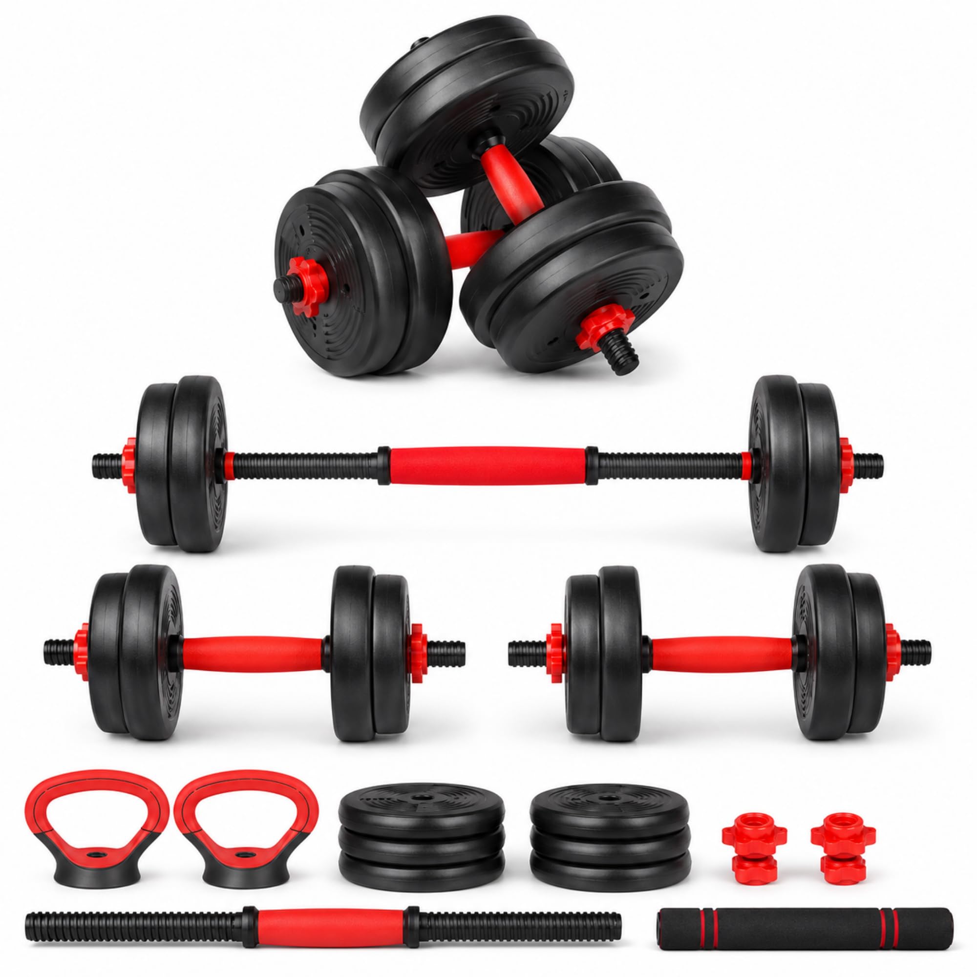 20 kg, kit per sollevamento pesi 5 in 1 con barra lunga, kettlebell, ruota addominale e manici pompe, set pesi per sport domestici, principianti e confermati, nero