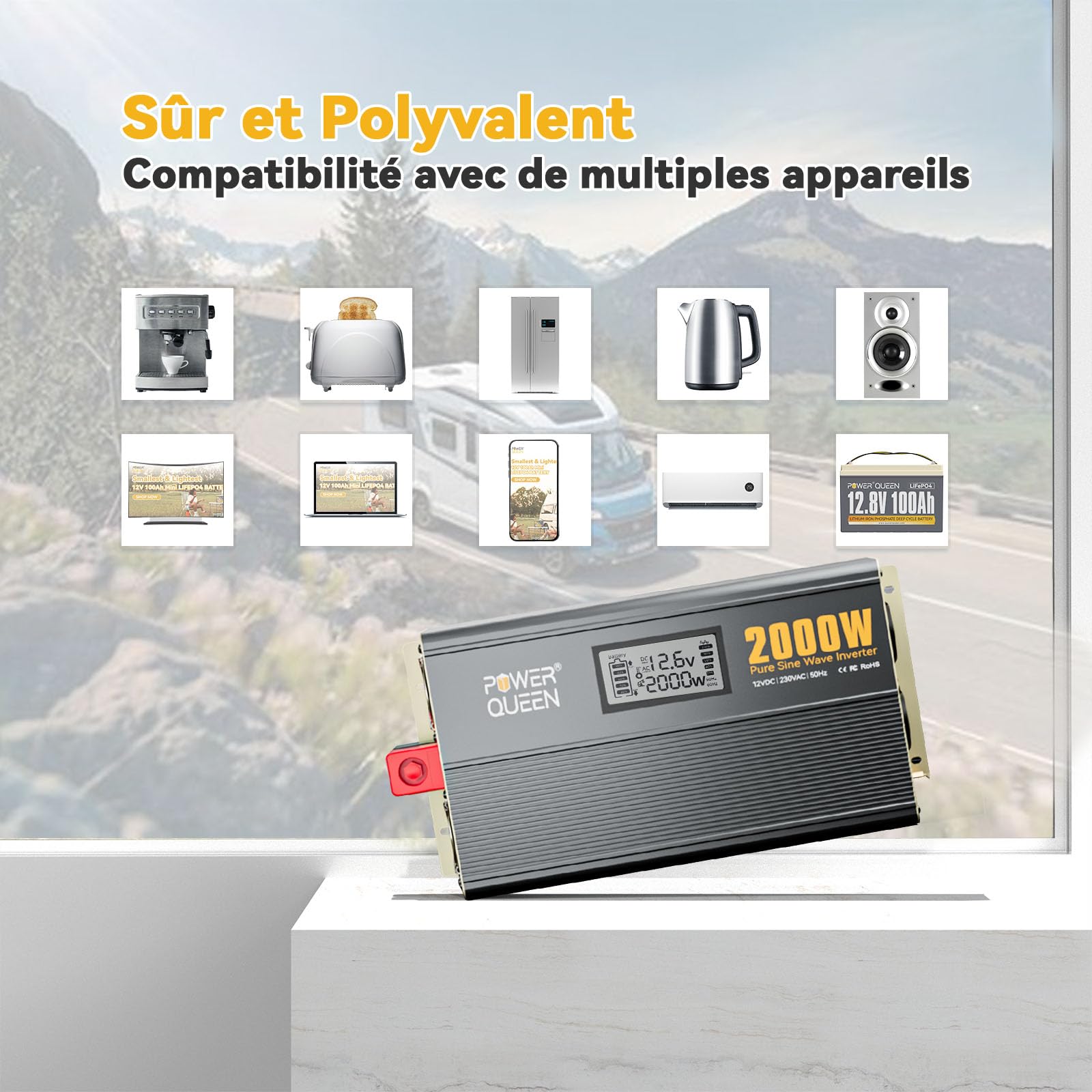 Power Queen 2000W Onde sinusoïdale pure, onduleur solaire 12V DC vers 110V-120V AC convertisseur avec 2 sorties AC, affichage LCD pour système d'alimentation solaire hors-réseau, RV, camion, appareils