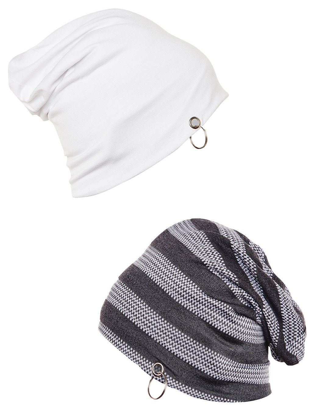 VIMAL JONNEY Cotton Striped Grey And White With Ring Beanie Cap For Men(Pack Of 2)-Ring_Cap_Wht_Str_Gry_02, One Size