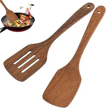 Wooden Spatula, Pack of 2 Wood Solid Turner Kitchen Wooden Slotted Spatulas for Cooking, Cooking Utensils Set, Kitchen Tools, Wood Spatulas for Baking Non Stick Cookware