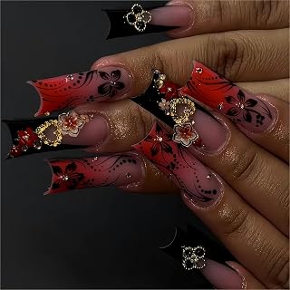 24Pcs Red French Tip Fake Nails Long Square Press on Nails pink Full Cover Glue on Nails with 3D Flower and Rhinestones Designs False Nails Gold Metallic Heart Acrylic Nails for Women