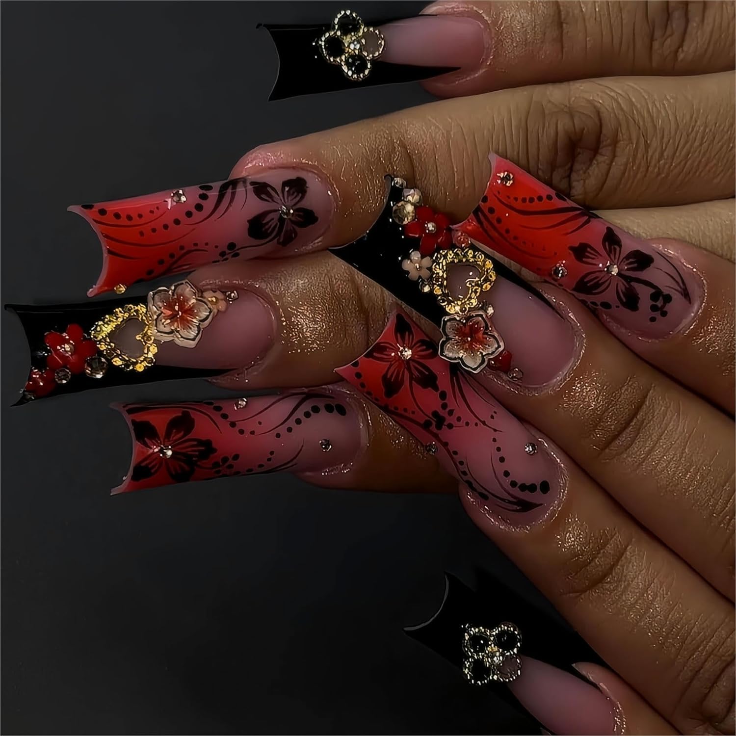 Red French Tip Fake Nails - Long Square Press-On Nails