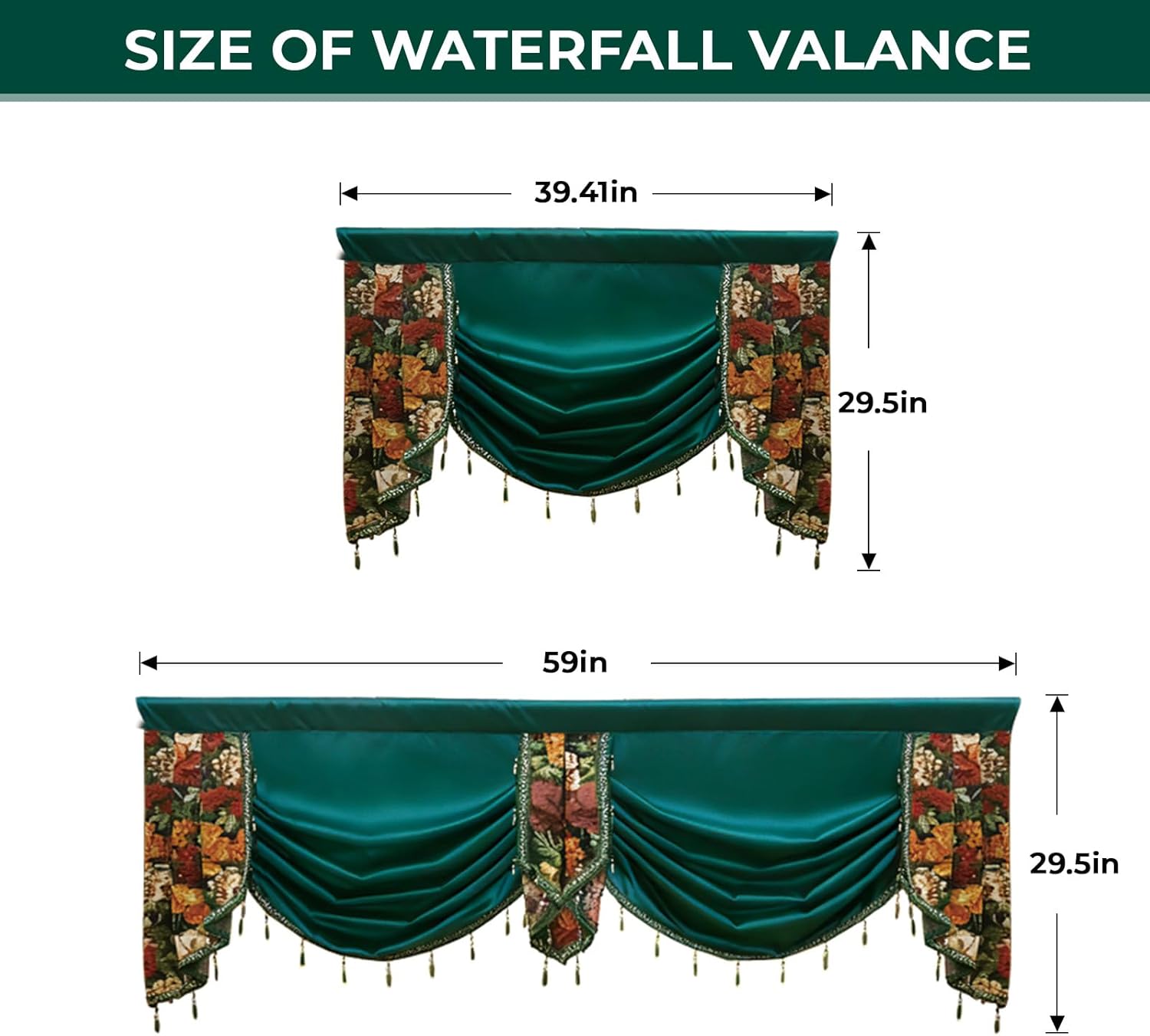 vctops European Waterfall Valance with Tassel, Luxury Floral Jacquard Decorative Window Curtains Valance Room Darkening Rod Pocket Window Treatment for Bedroom Living Room (Green,59"x29")