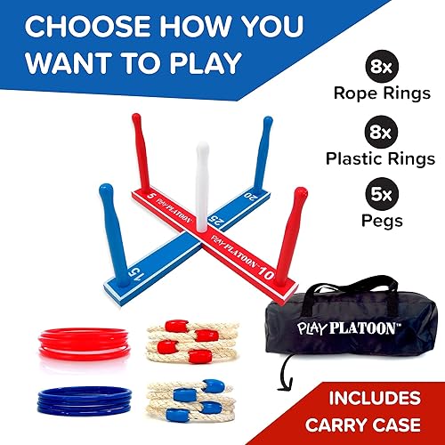 Miniatura 6 de Play Platoon Juego de lanzamiento de anillos, juegos de patio trasero para niños, incluye 8 cuerdas y 8 anillos de plástico y bolsa de transporte