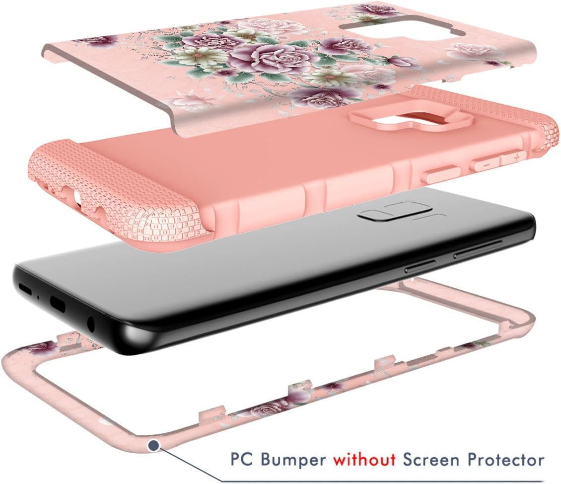 Hocase Galaxy S9 Case w/Unique Flower Pattern Design, Sturdy 3-Piece Heavy Duty Shockproof Protection Hard Armor Cover Rubbery Protective Case for Samsung Galaxy S9 2018 - Rose Gold Purple