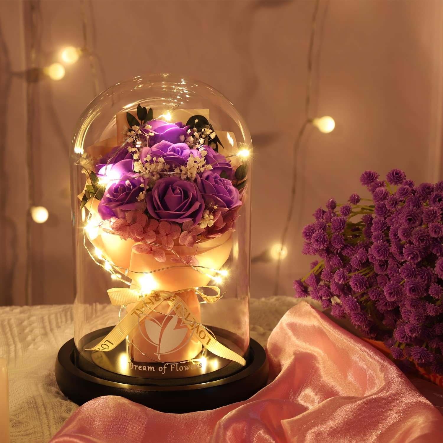 Valentines Day Gifts for Her,Beauty and The Beast Rose in Glass Dome with 2 Light Modes, Enchanted Flower Rose Bouquets Birthday, for Women Mom Wife Girlfriend Sister - Image 2