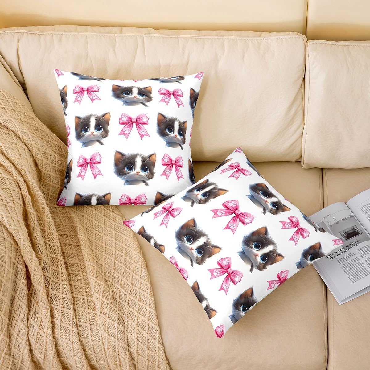 Manfei Cats Pillow Covers 16"x16" Set of 2,Lovely Pet Animals Reversible Throw Pillow Covers,Cute Bowknot Girly Style Pillow Cases,Kawaii Animals Cushion Covers image 2