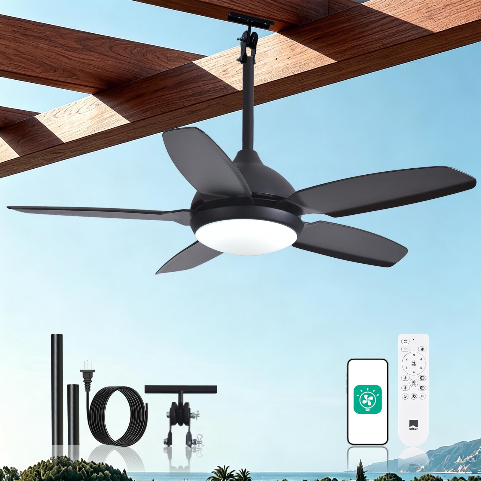 Photo 1 of Orison 42" Plug-in Outdoor Ceiling Fan with Light, 5-Blade Hanging Patio Fan for Gazebo Porch, IP44 Waterproof, Quiet DC Motor, 6-Speed, App & Remote Control, Dimmable LED, Reversible, Wood