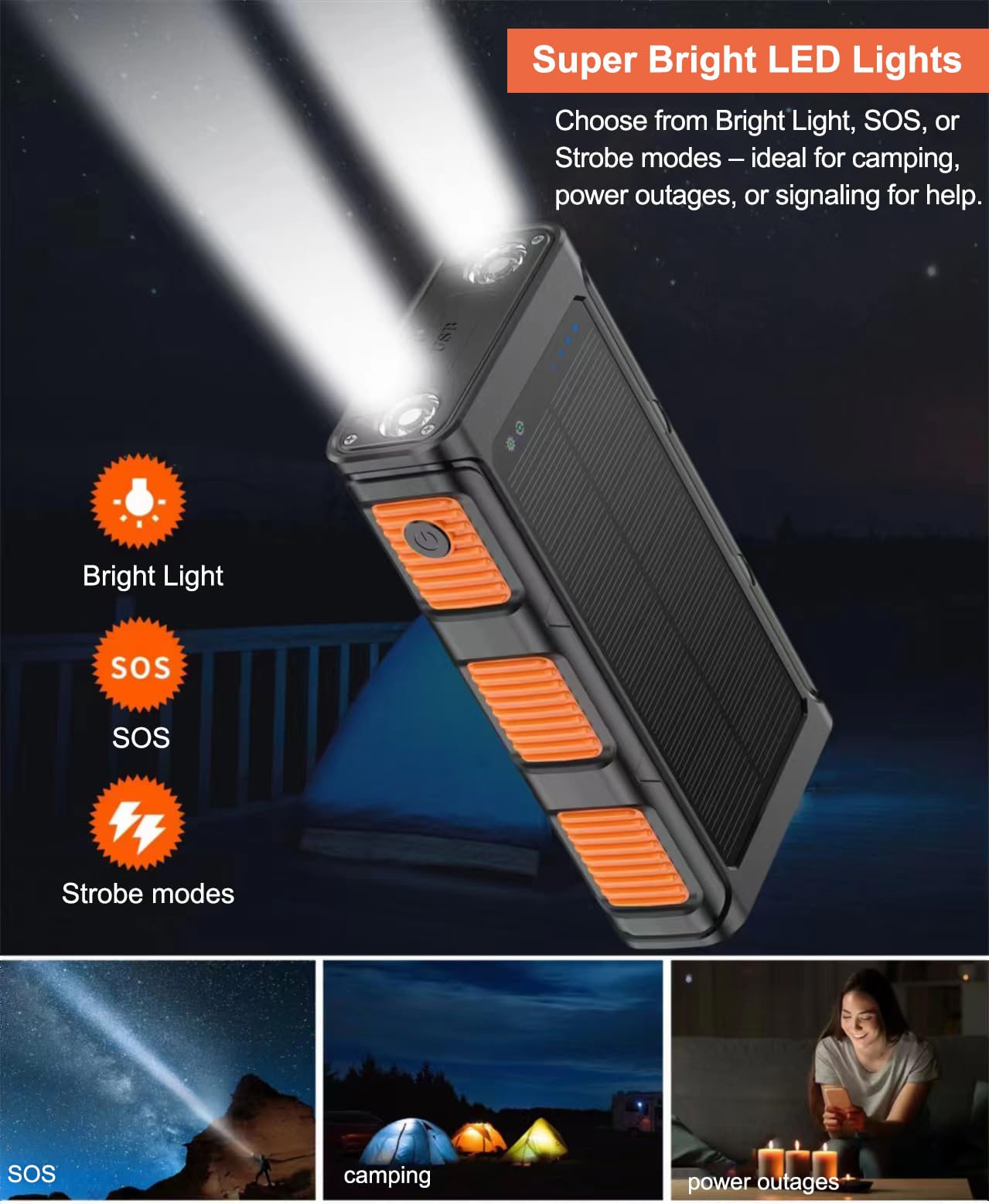 Cargador Solar Power Bank 30000mah Carga Rápida Batería Externa Inalámbrica con 3 Cables de Carga Integrados para Teléfono Tabletas