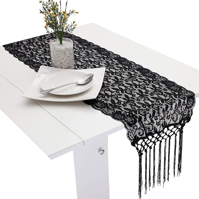 mookaitedecor Vintage Lace Table Runner Black for Wedding Party Living Room Dining Coffee Table Decoration,13x34 Inch