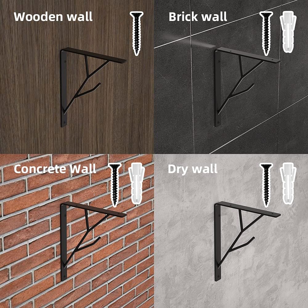 Decorative Shelf Brackets, Black Floating Shelf Bracket 8 Inch Heavy Duty Hardware Rustic Tree Branch 4 Packs Black Waaliji