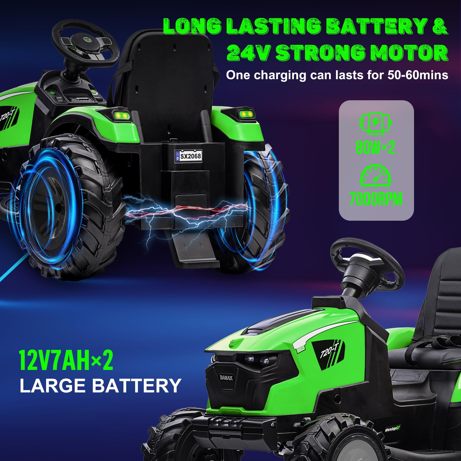 Tractor 3 en 1, juguete de paseo de 24 V para niños grandes, excavadora - Vehículo eléctrico a batería con remolque, excavadora, control remoto, luces LED, música, USB, funciona con pilas, verde 7