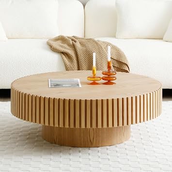 31.49" Round Coffee Table for Living Room,Wooden Handmade Solid Wood Stripes Tea Table,Wood Grain Desktop Coffee Table for Apartment Small Space Natural Ash