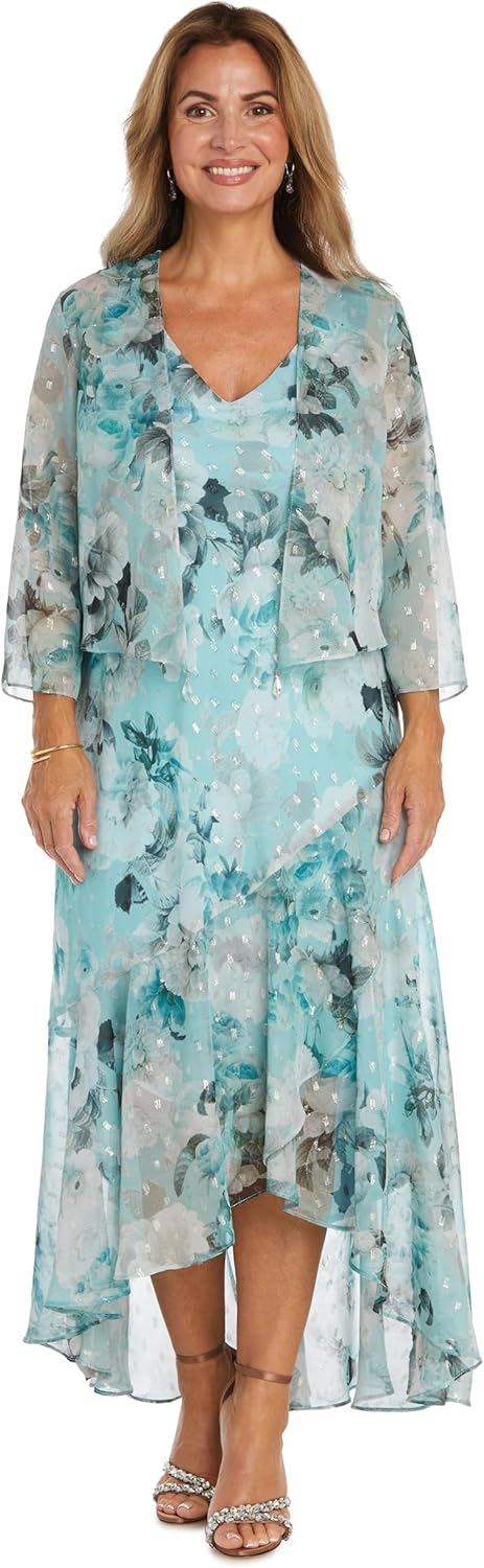 R&M Richards High-Low Floral Print Chiffon Jacket Dress