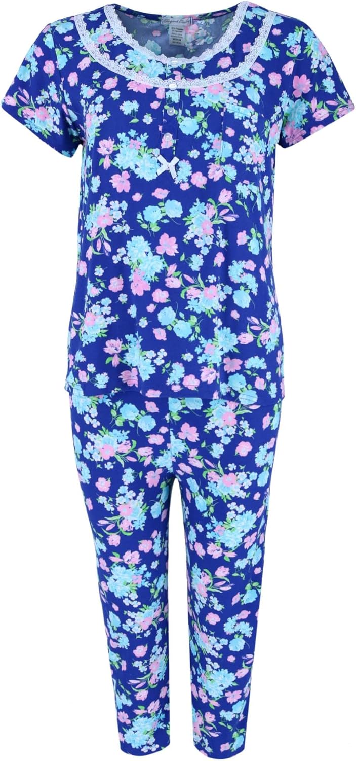 Elegant Emily Women's Blue Floral Capri Sleep Set