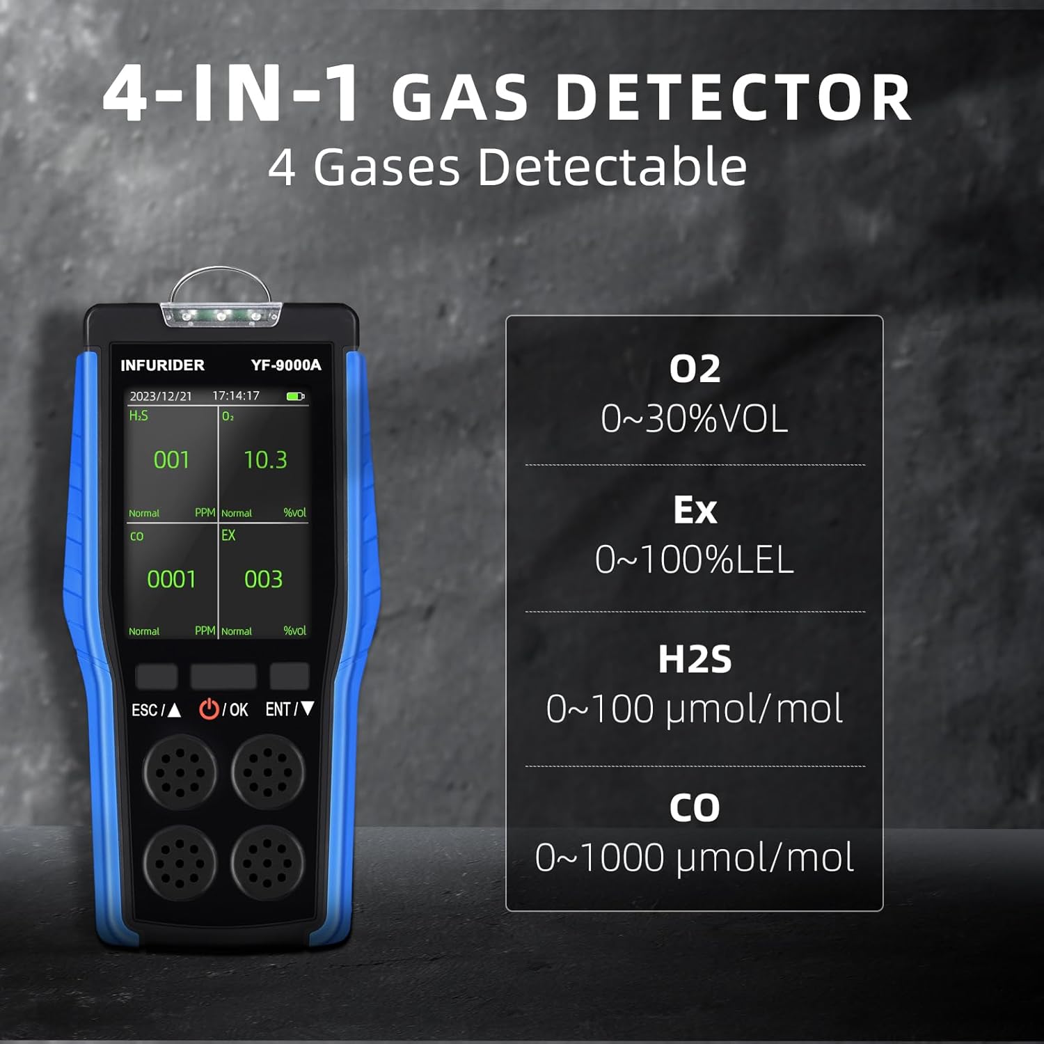 Gas Detector, 4-in-1 Gas Leak Detector Portable Natural Gas Detector Carbon Monoxide CO, O2 Combustible Gas EX, H2S, LCD Display High Accuracy 3 Types of Alarm Method, 3000 Data Storage