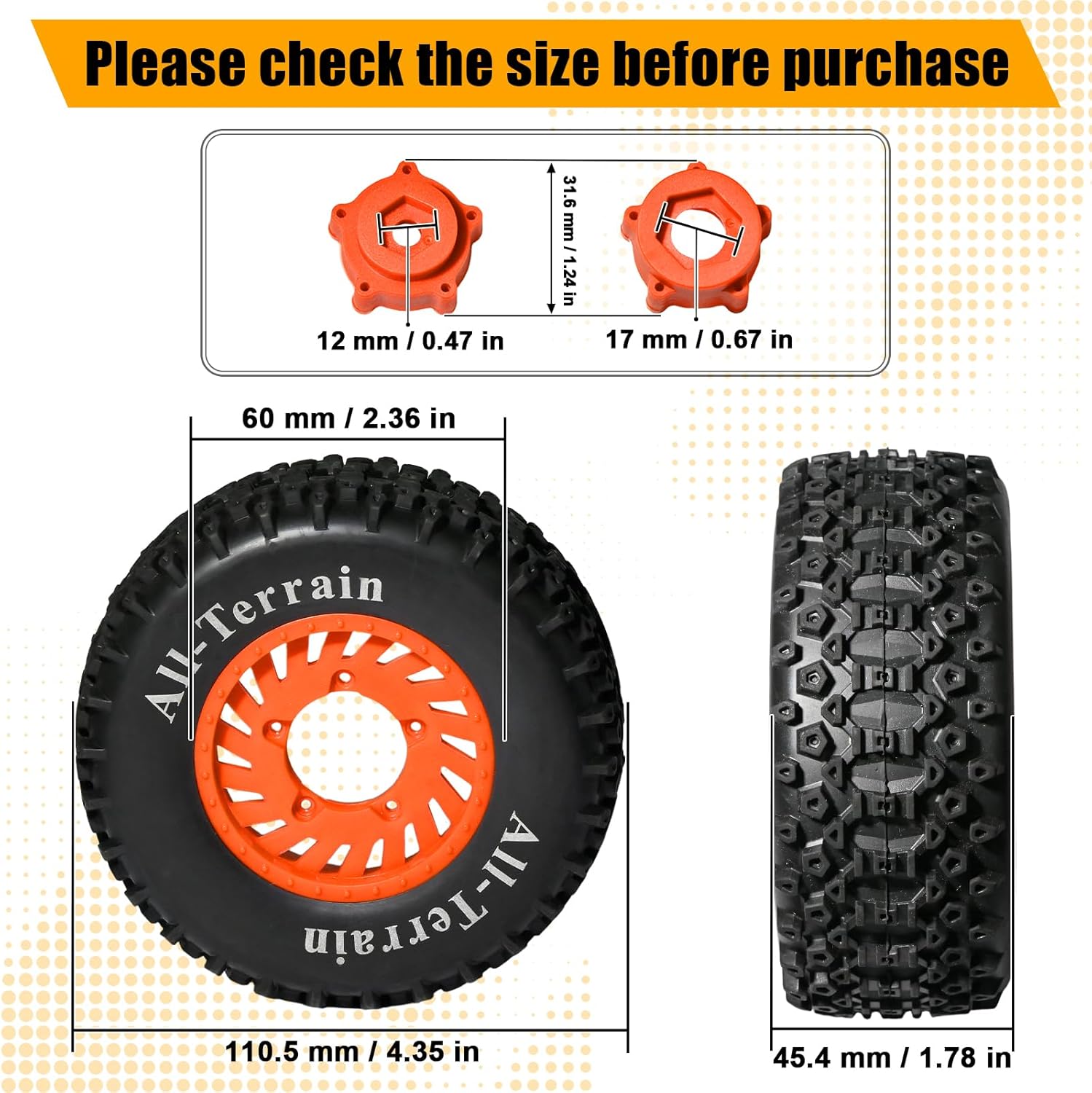 4PCS 1/10 RC Short Course Truck Tires, All-Terrain Rubber Tires and Nylon Wheels with 12mm/17mm Hex Compatible with 1/10 TSlash 4WD 2WD 4x4 Arrma Senton Axial Losi Redcat, Orange