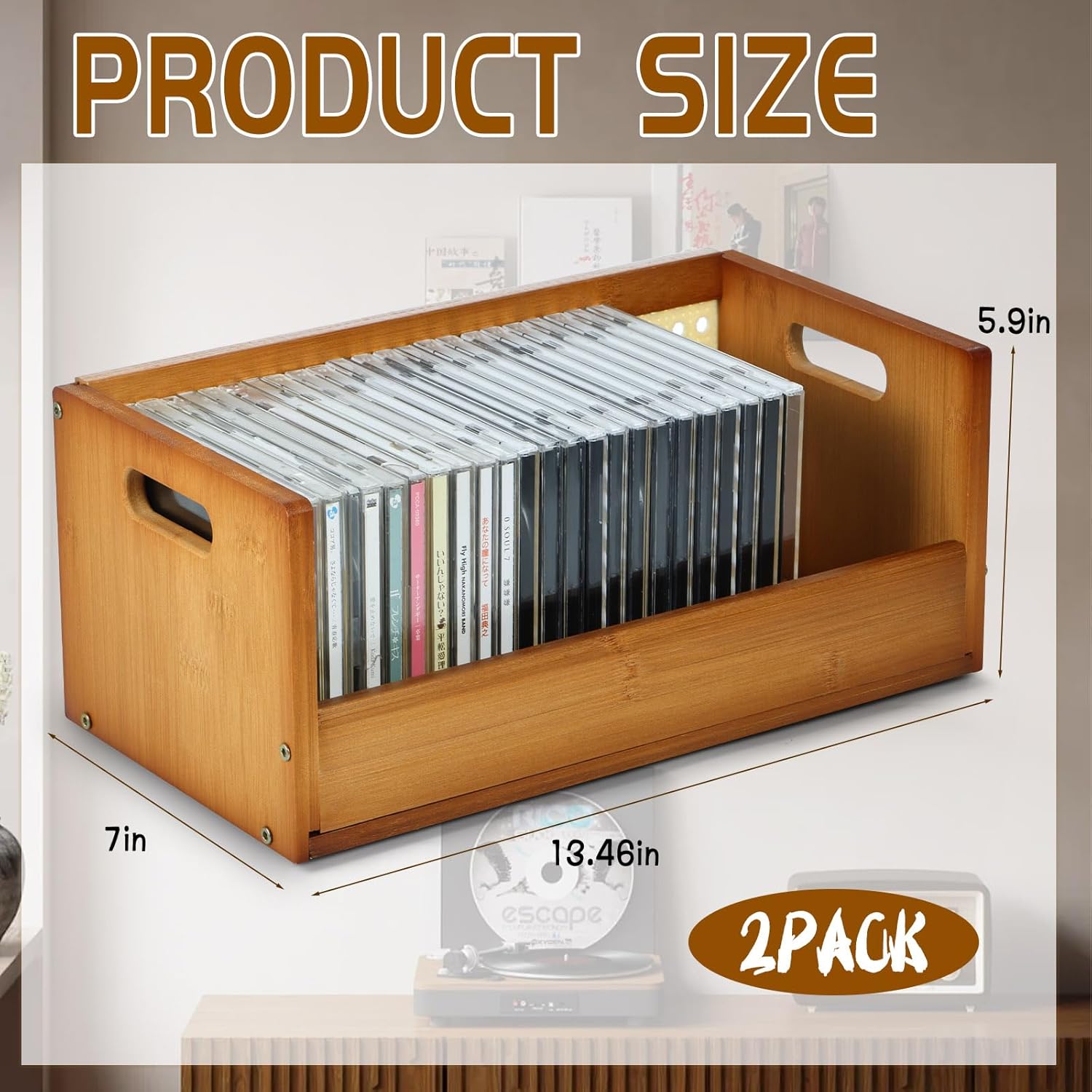 2 Set Bamboo CD Storage Box, Stackable CD Holder Racks Organizer Shelf for Movie Cases, DVDs, Cassette Tape Display Stand, Disc Holder with Carrying Handles