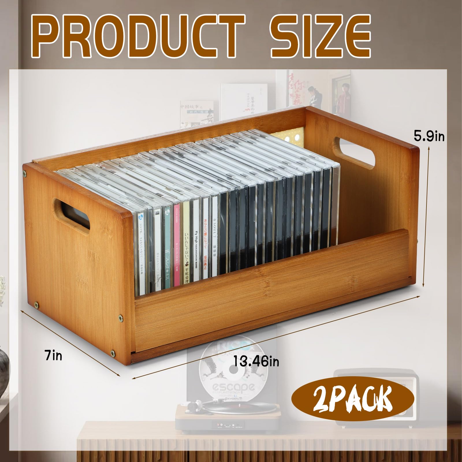 Set di 2 scatole portaoggetti in bambù impilabili per CD, organizer per custodie per film, DVD, espositori per cassette, supporti per dischi con maniglie per il trasporto