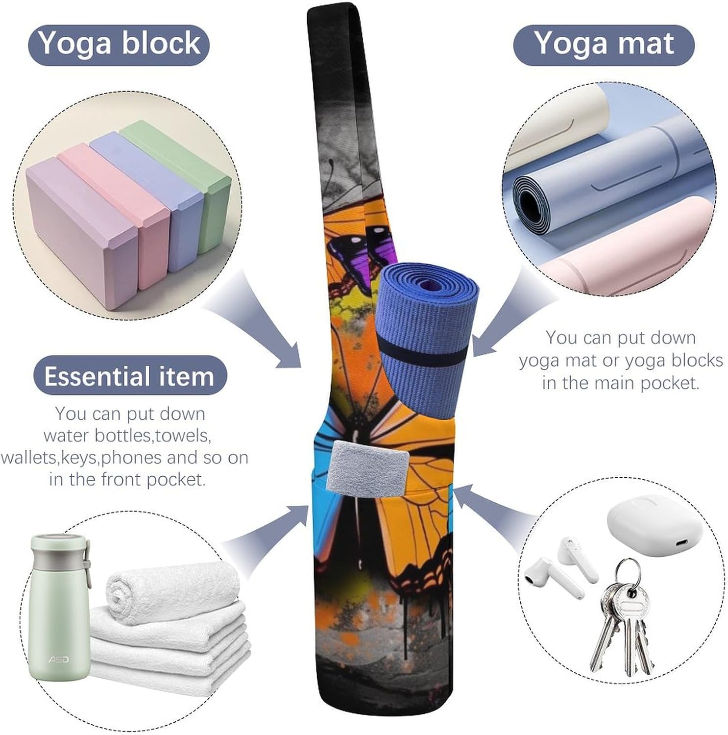 Yoga Mat Carrying Bag,Graffiti Butterfly Printed Women's Yoga Bag with Multi-Functional Storage Pockets,Large Yoga Mat Bag Fits Most Size Yoga Mats