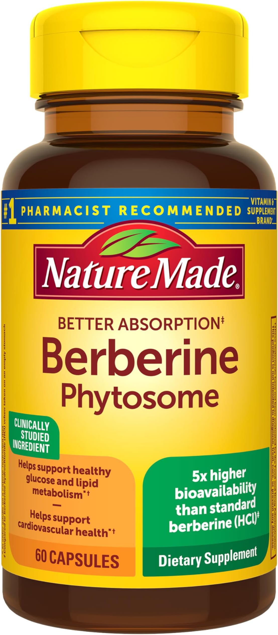 Nature Made Better Absorption Berberine Phytosome Supplement, 1100mg Per 2 Capsules Daily, Berberine Supplement for Cardiovascular Health Support, 60 Capsules, 30 Day Supply