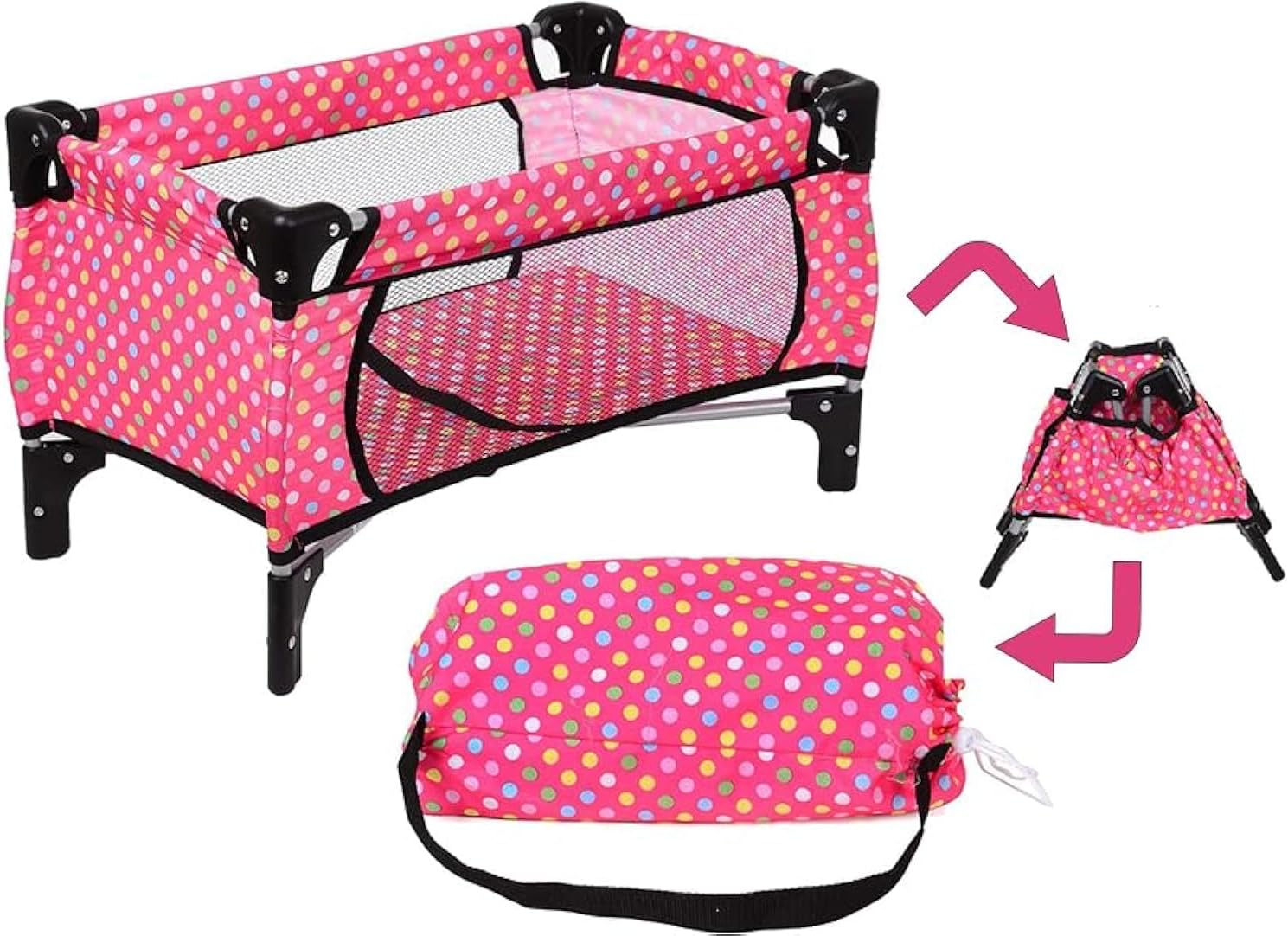 fash n kolor Doll Playpen & Crib – 22" Pink Polka Dot Baby Doll Crib Foldable Baby Doll Play Yard with Mesh Sides – Fits 18" Dolls, Pretend Nursery Accessory for Kids