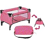 fash n kolor Doll Playpen & Crib - 22 Pink Polka Dot Baby Doll Crib Foldable Baby Doll Play Yard with Mesh Sides - Fits 18 Dolls, Pretend Nursery Accessory for Kids