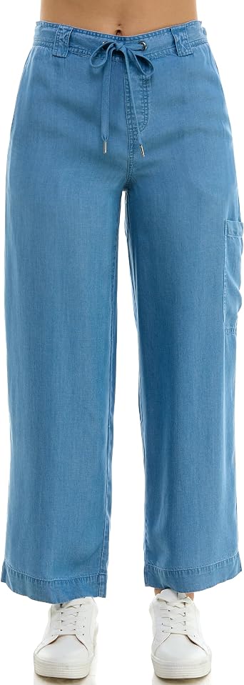 Zac & Rachel Womens Tencel Ankle Length Pant with Tieable Belt, Pockets and Single Cargo Pocket Detail