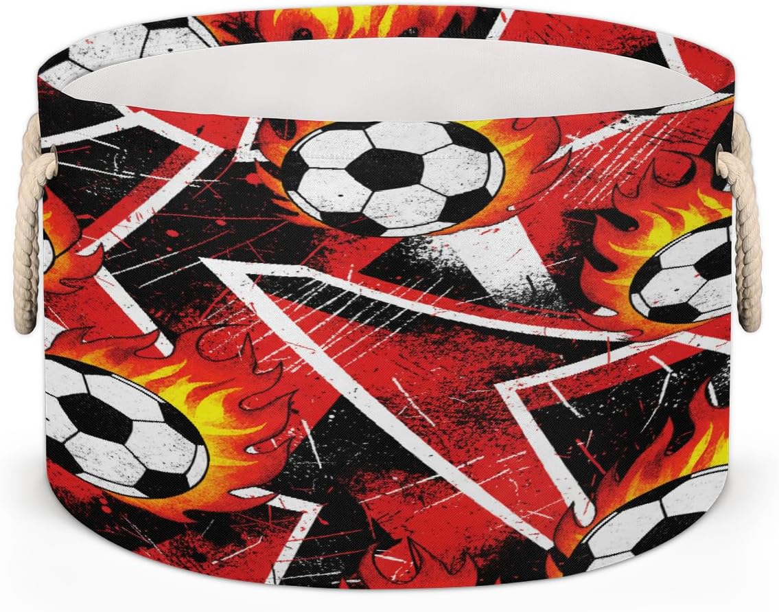 Large Storage Baskets - Red Fire Soccer Nursery Round Collapsible Organizer Bin Box, Laundry Hamper for Kids Toys, Blanket, Bedroom Living Room Home Decor, Gift Basket, 19.4"x13.3"