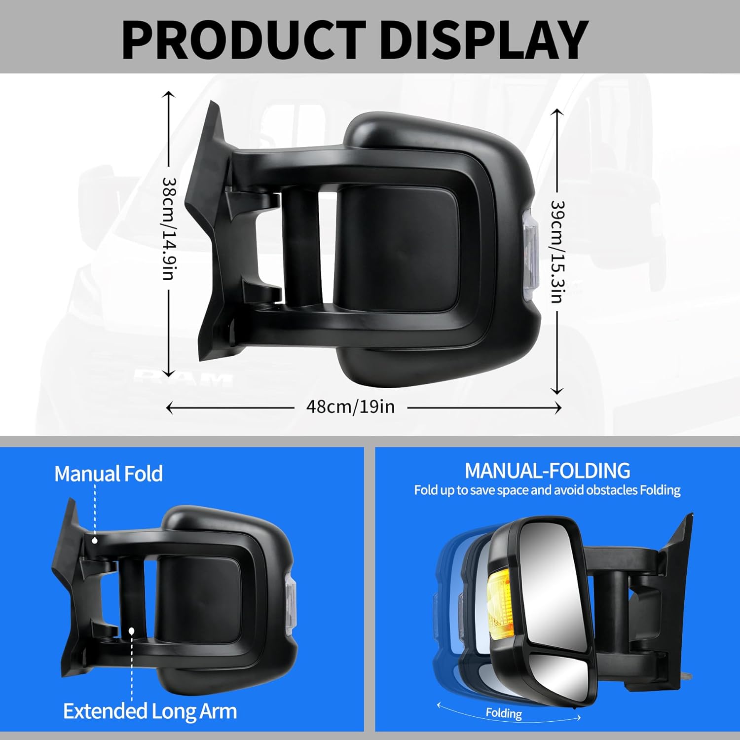 Driver Left Side Extended Long Arm Mirror for Ram Promaster 1500 2500 3500 2014-2023, Heated Power Glass Turn Signal Light Temperature Sensor Manual Folding, View Mirror Assembly(8+2 pins)
