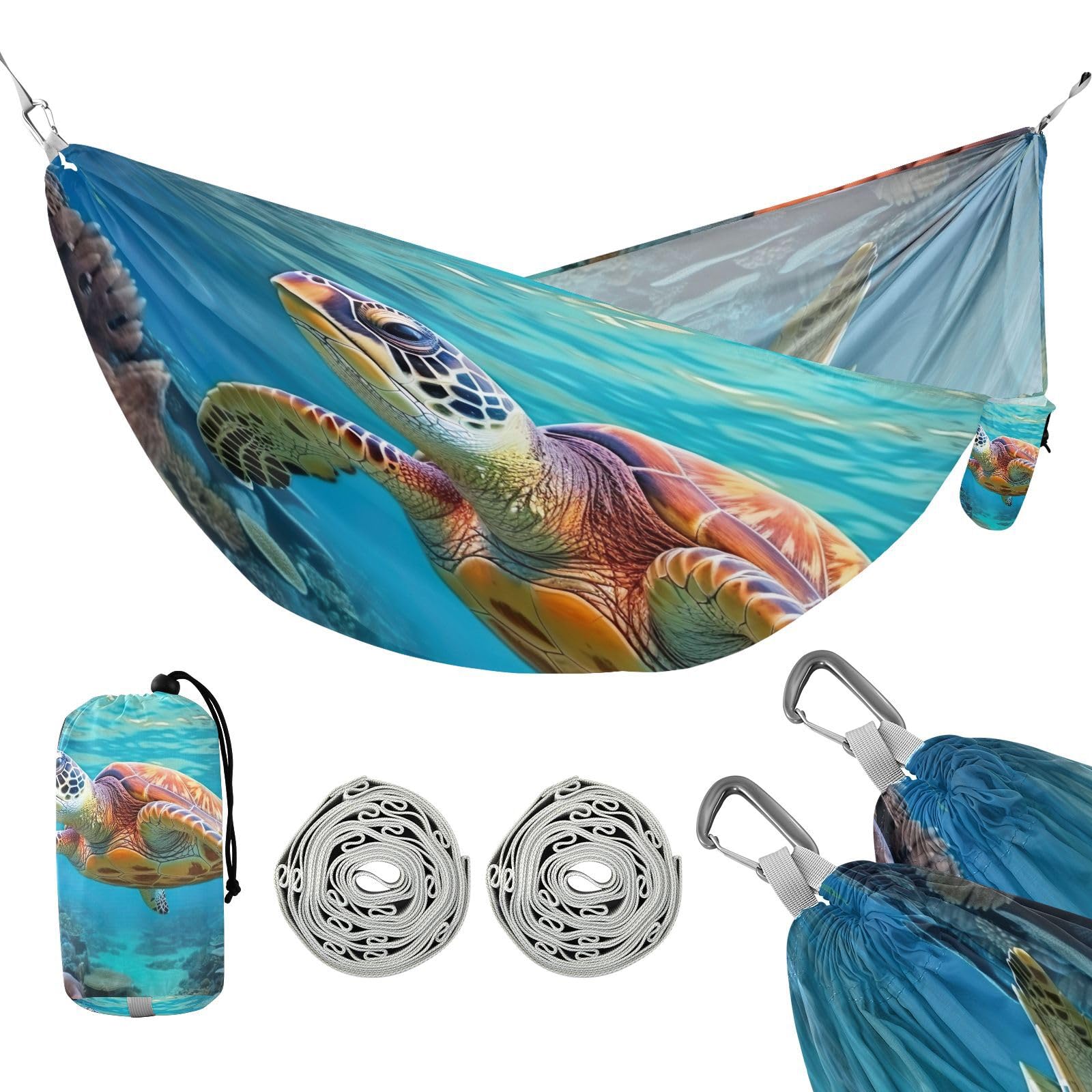 Haskirky Sea Turtle Camping Hammock, Single Portable Hammocks with Tree Straps & Attached Carry Bag, 330Lbs Capacity Perfect for Outside Indoor Hiking Beach Backpack Travel