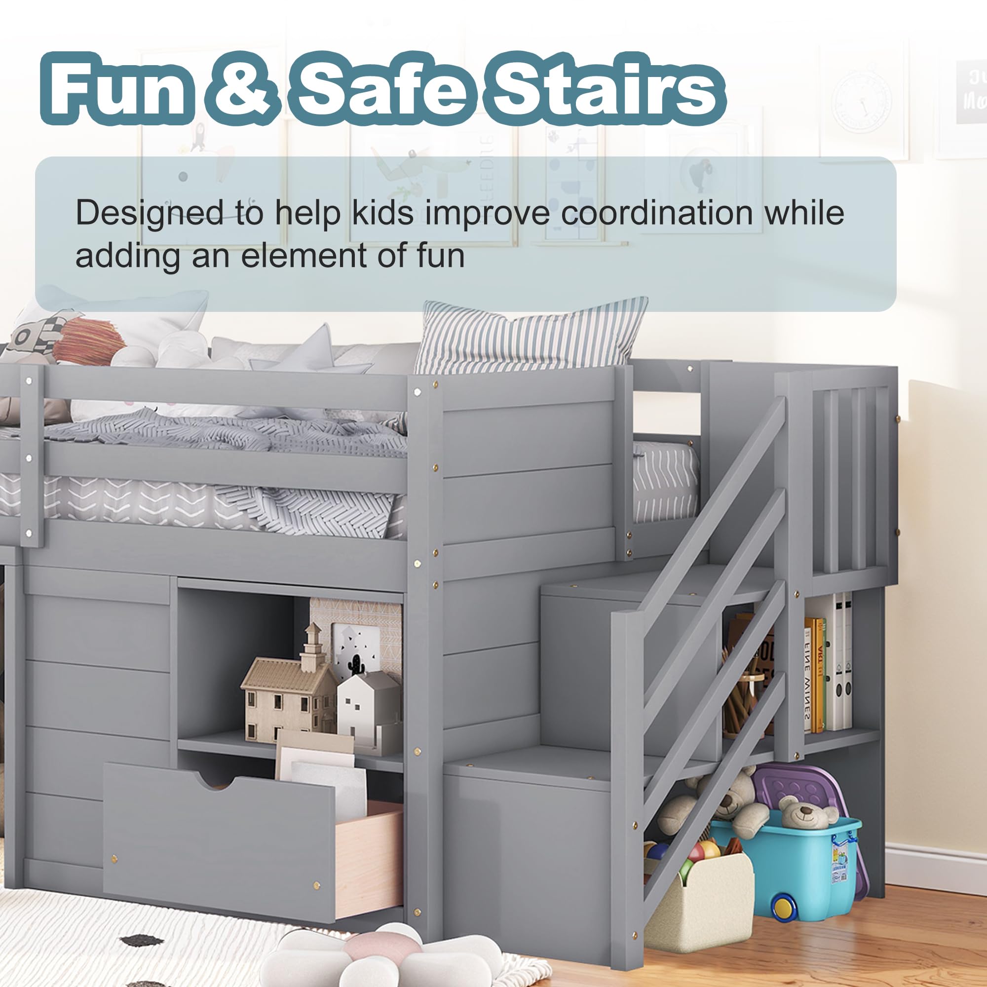 Okak Twin Size Low Loft Bed with Playhouse Loft Bed Frame with Drawer, Shelf,Stairs and Safety Guardrail for Teens, Girls or Boys Loft, Strong Wood Slats Support,Gray