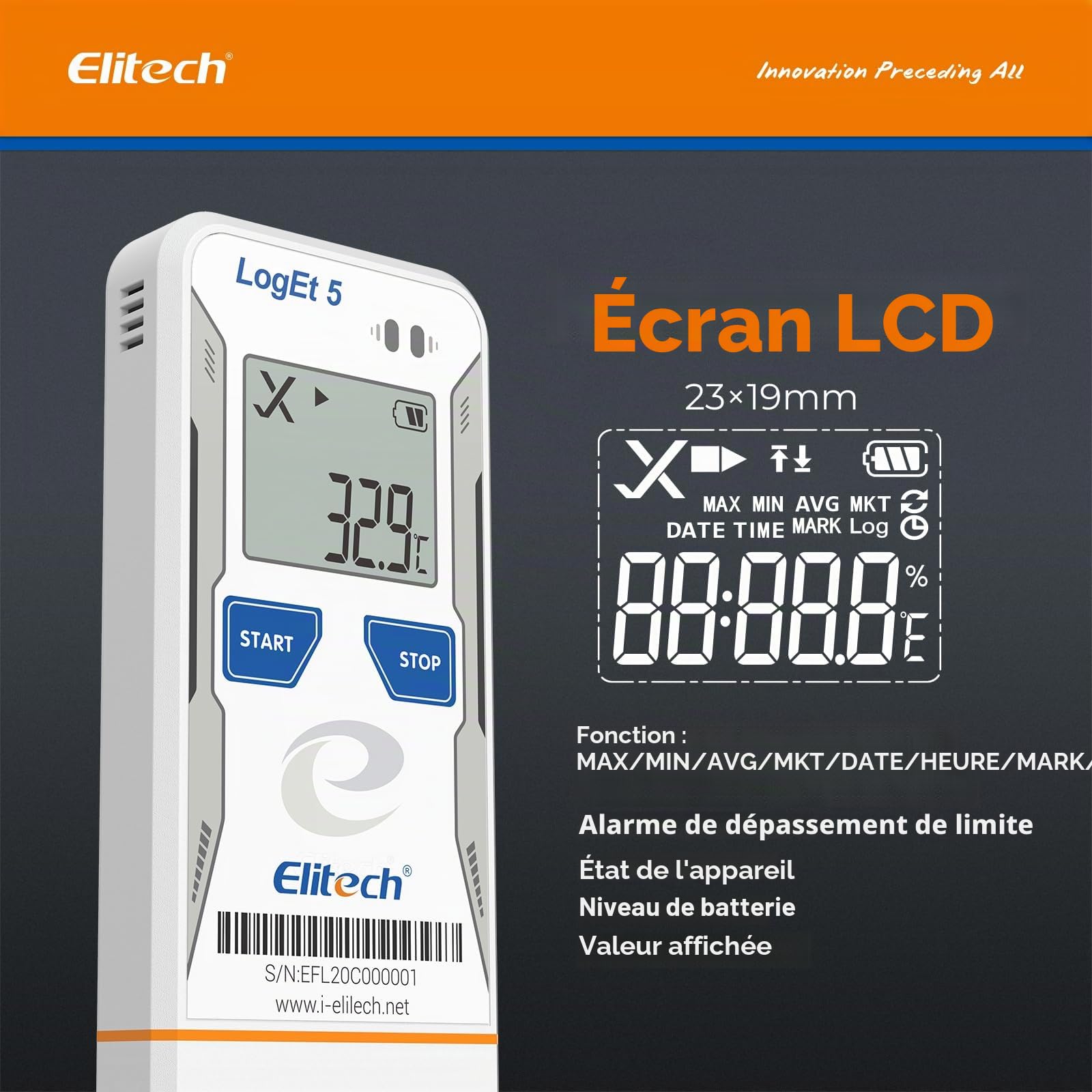 Elitech Enregistreur de Température et d'Humidité USB avec Sonde Externe Réutilisable LogEt5THE & Enregistreur de Données de Température USB Rapports PDF CSV Auto LogEt5T pour Réfrigérateur Frigo