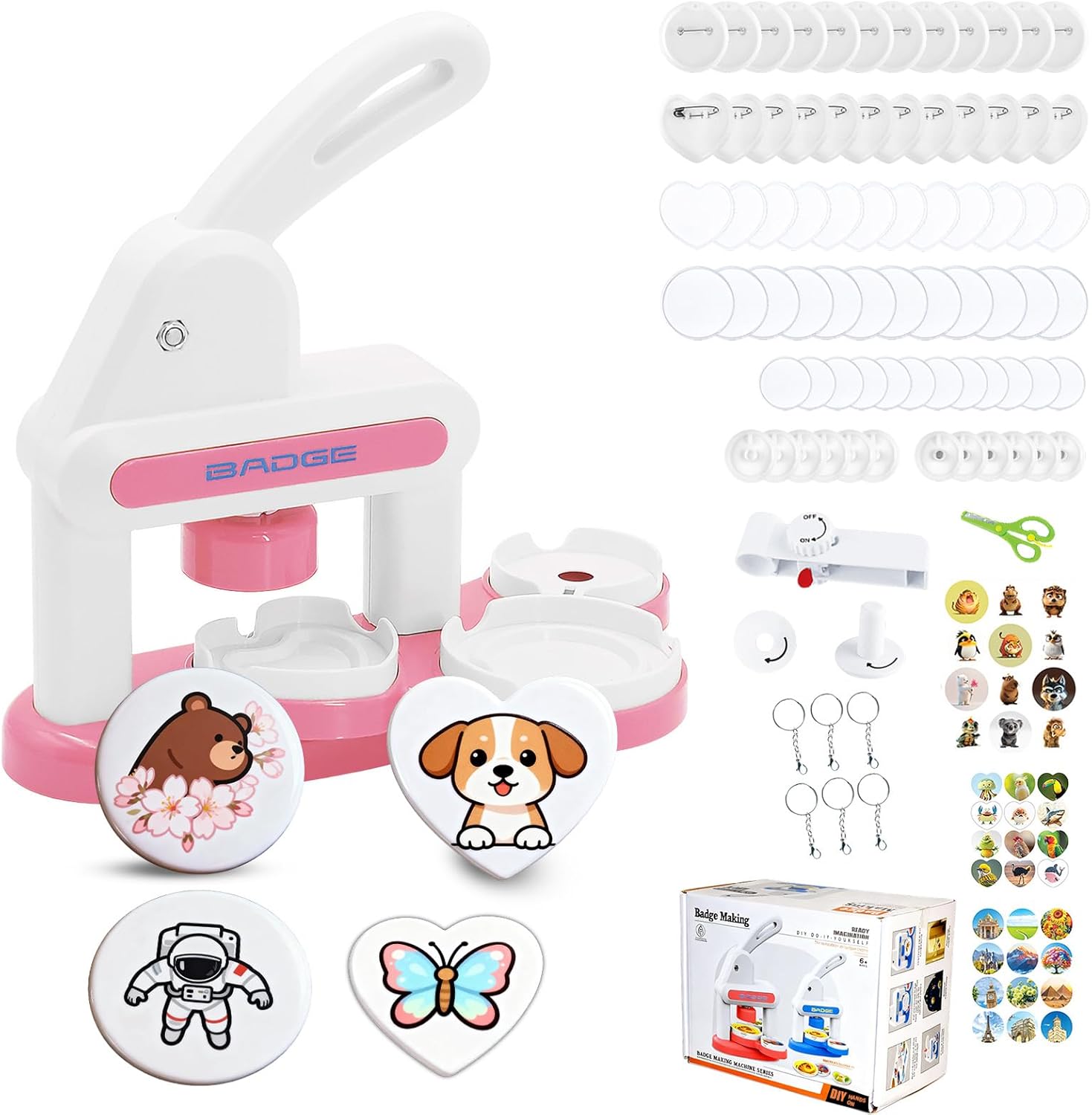 Button Maker Machine, 55mm & 35mm Badge Machine with 36 Pcs Button Parts, Stickers, Circle Cutter, Badge Making Kit, DIY Round/Heart Pin Badge Maker for Birthday Christmas Gifts (Pink)